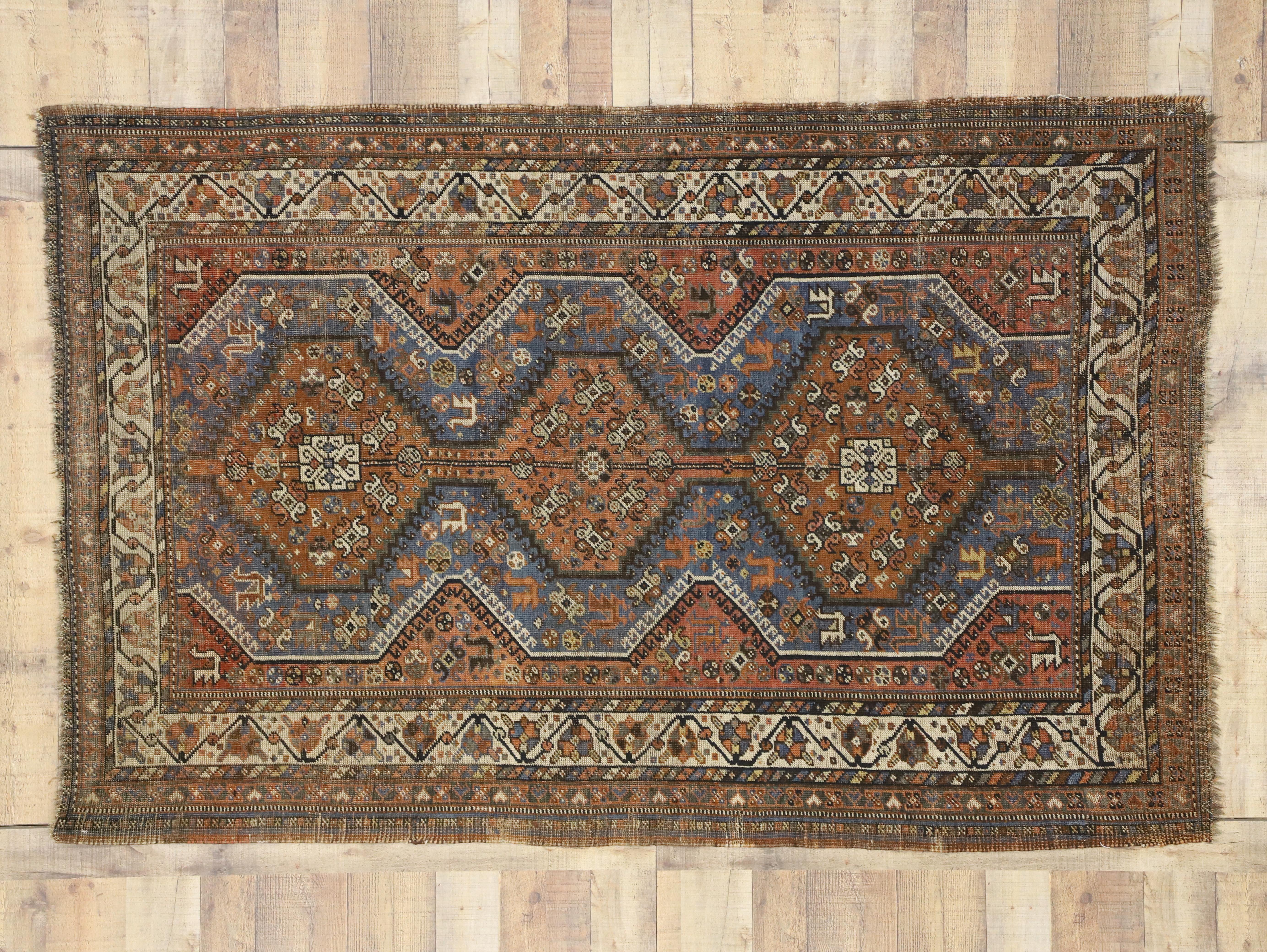 Wool Distressed Vintage Persian Shiraz Tribal Rug For Sale