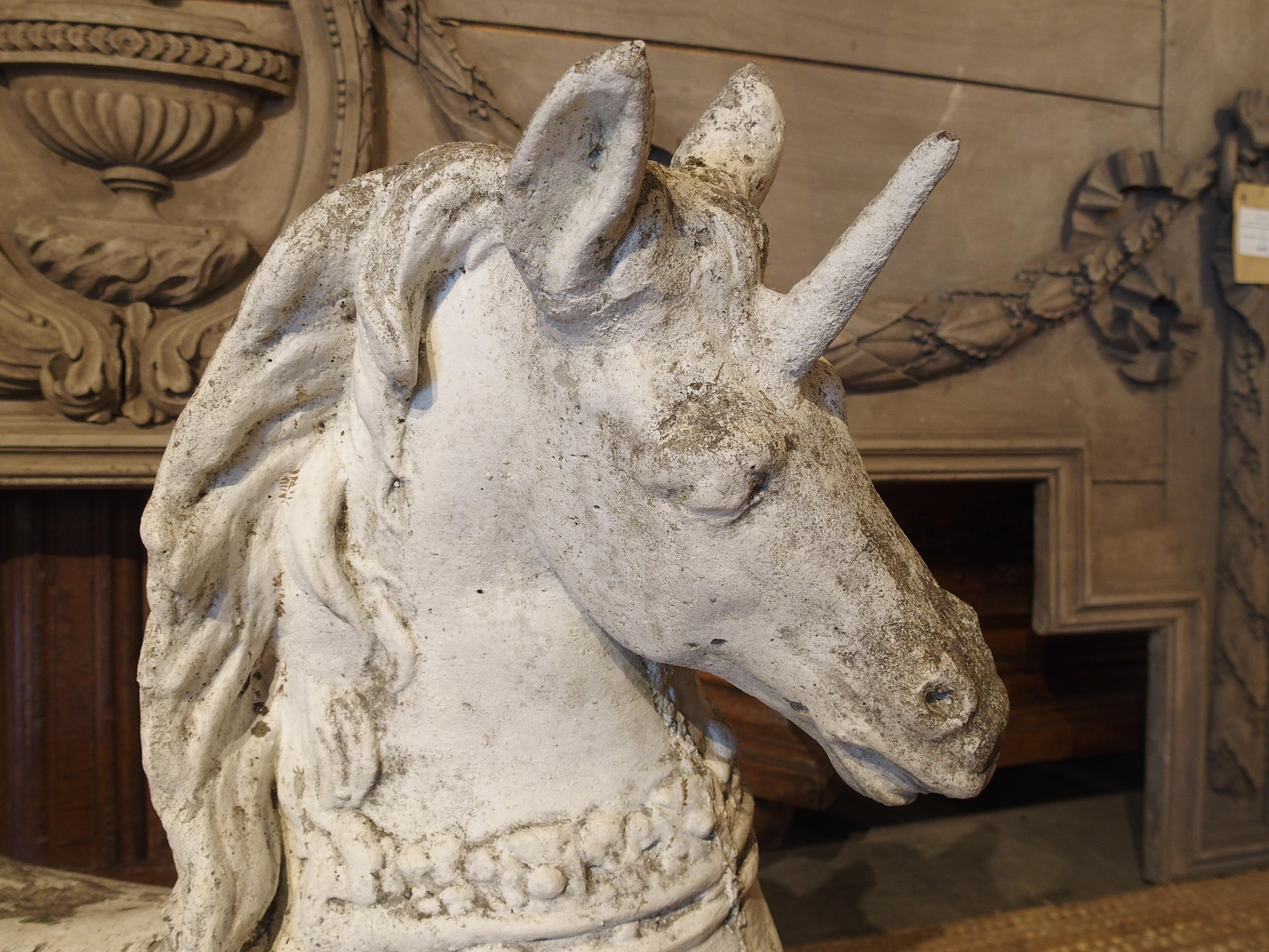 Cast Weathered White Painted Belgian Cement Unicorn, Circa 1960 For Sale