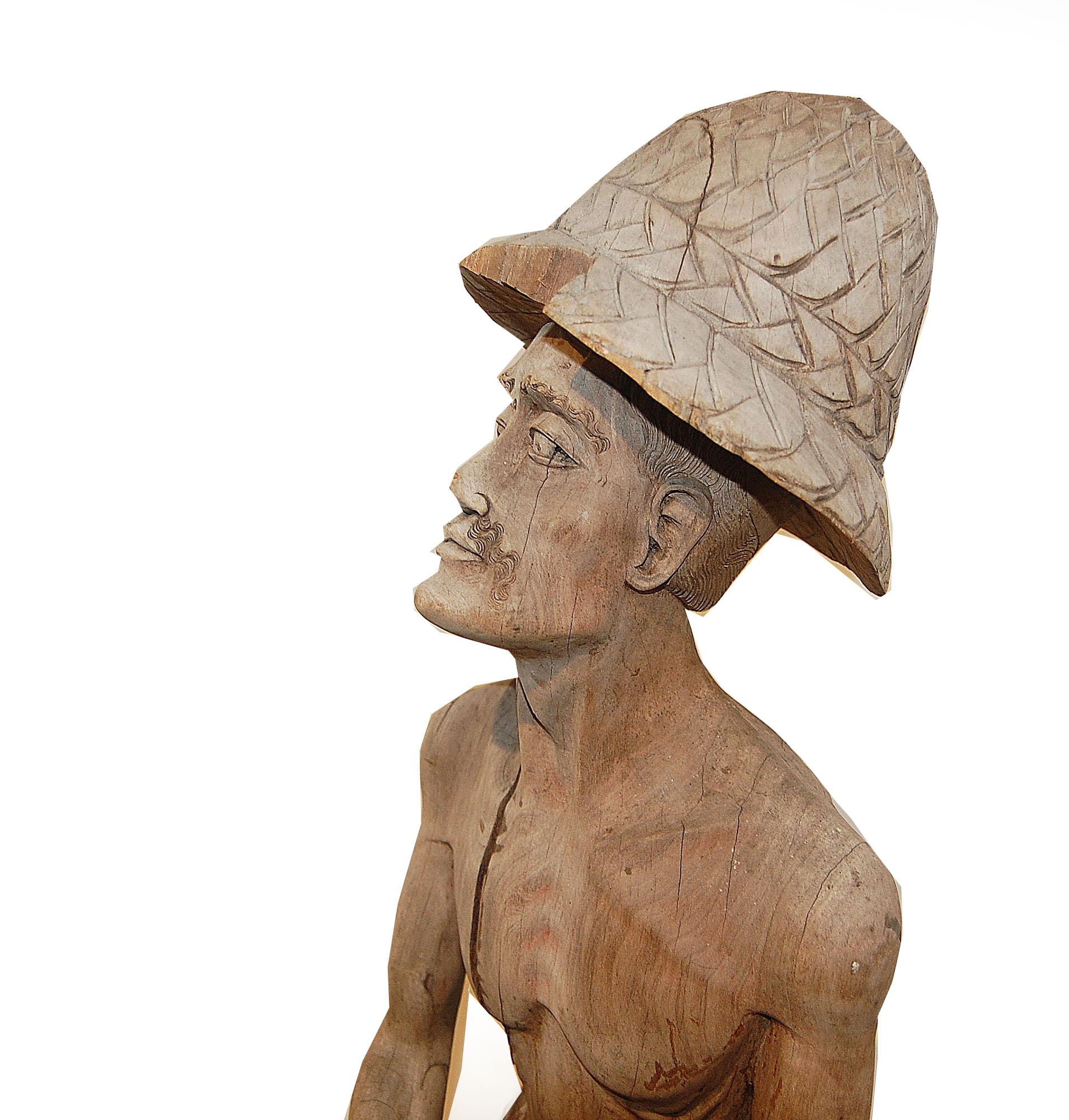 Asian Weathered Wood Fisherman Sculpture For Sale