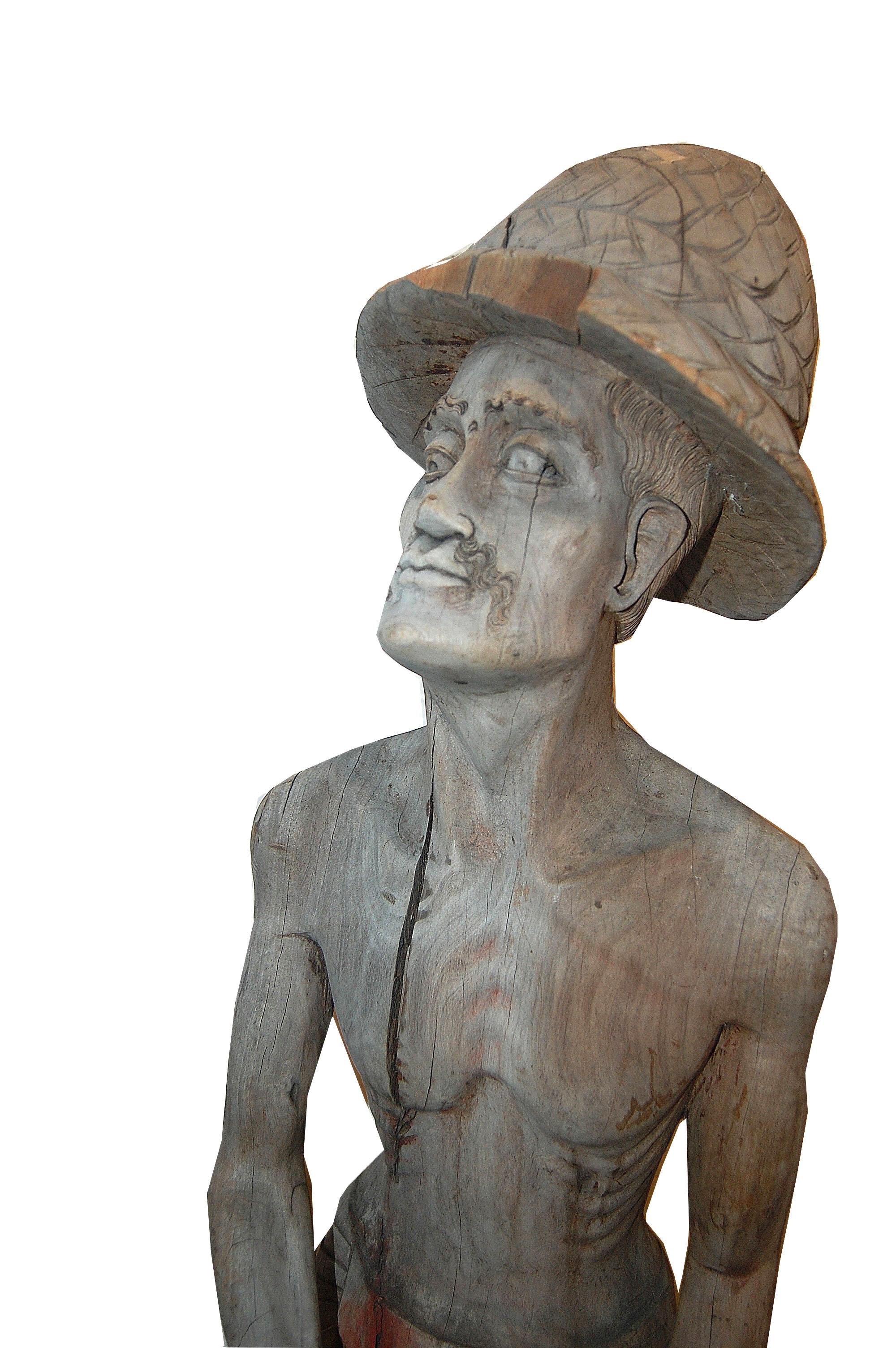 20th Century Weathered Wood Fisherman Sculpture For Sale