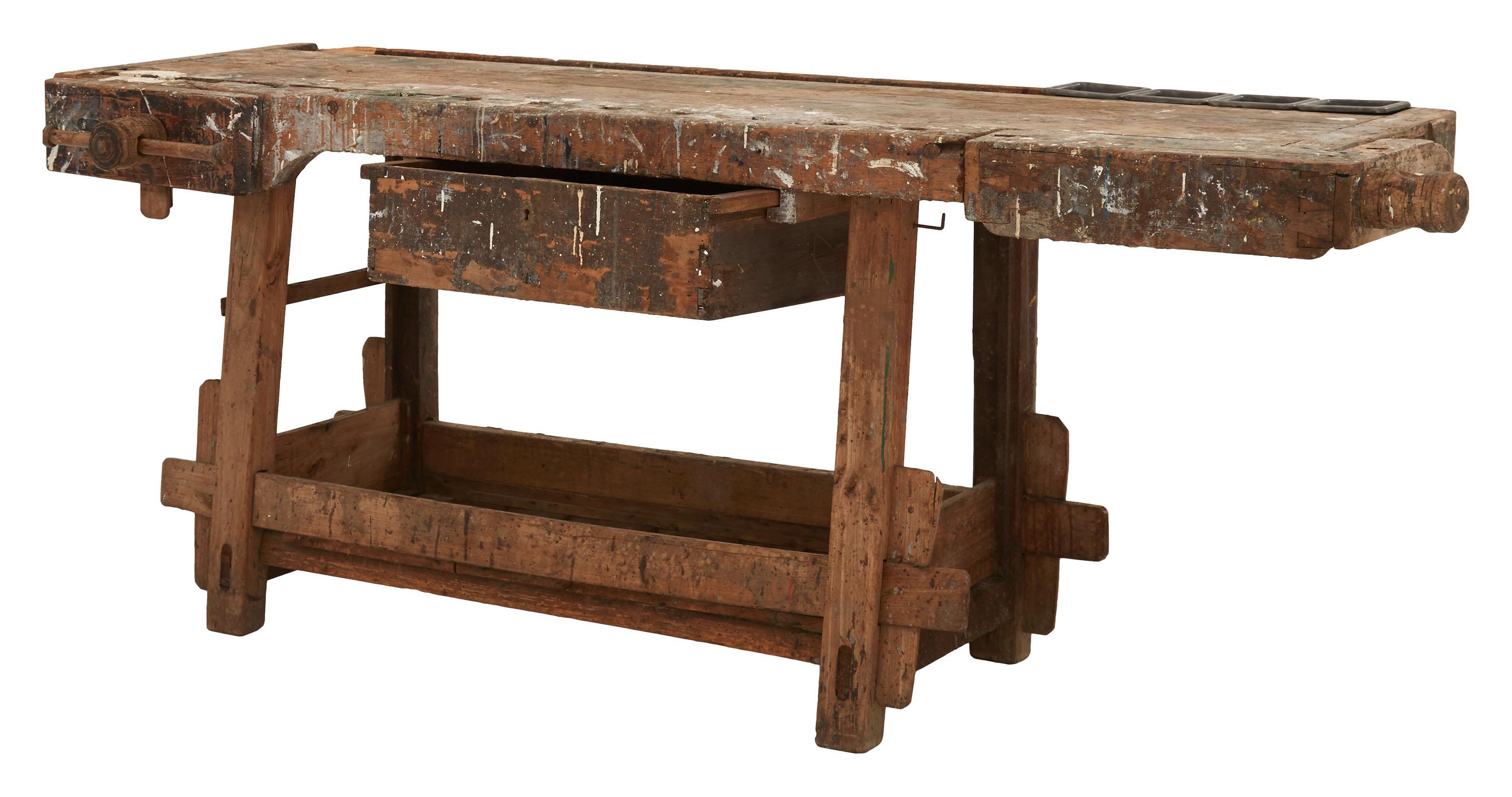 Weathered Wood Industrial Work Table For Sale 5