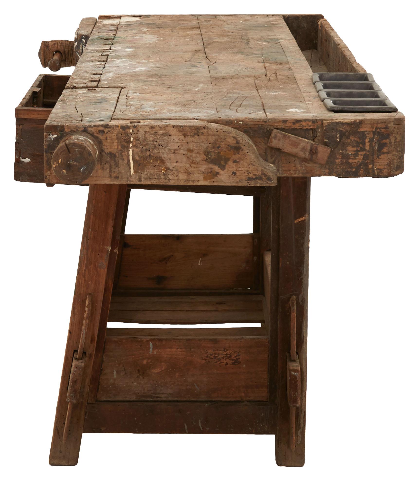 Weathered Wood Industrial Work Table For Sale 6