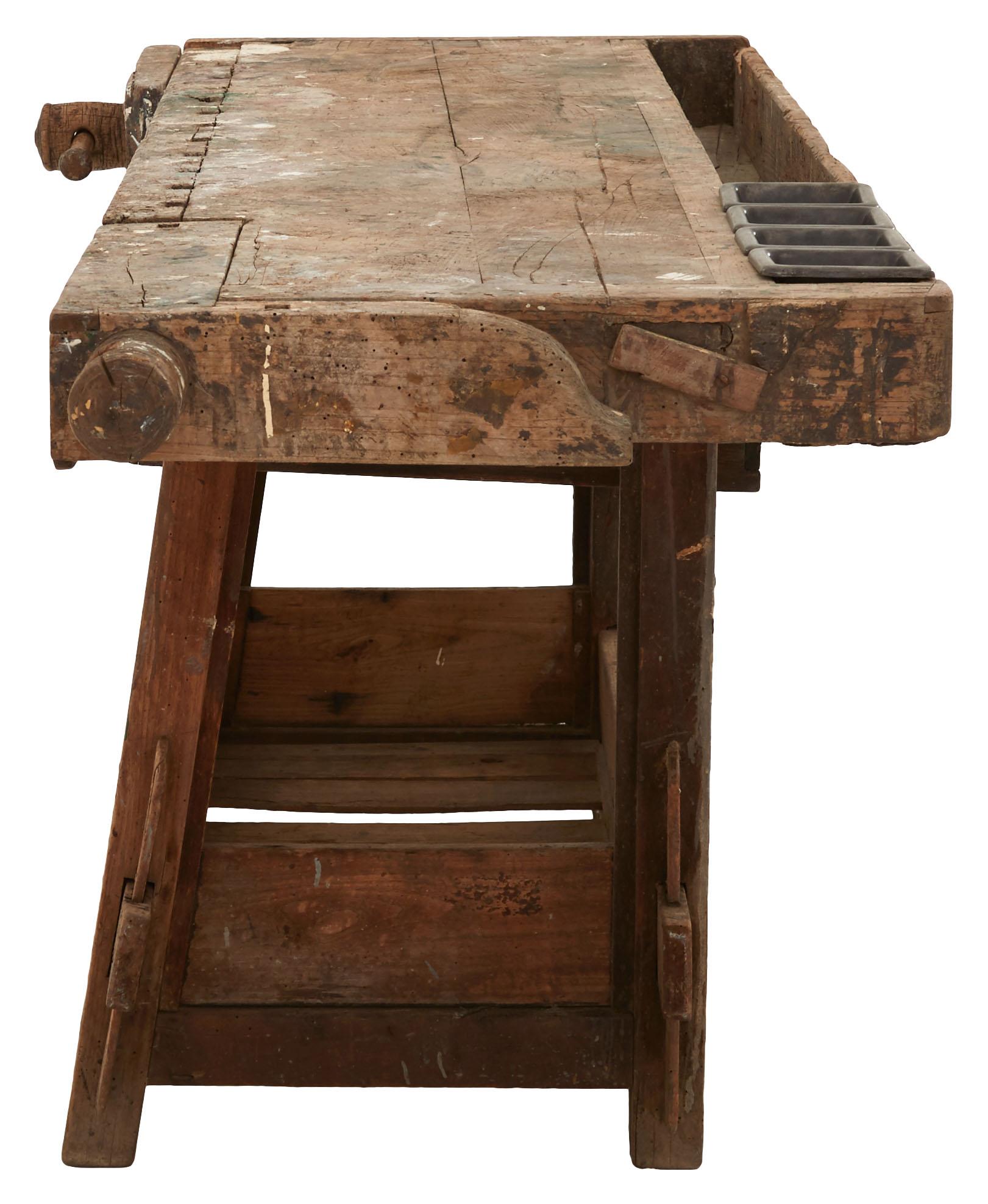 French Weathered Wood Industrial Work Table For Sale