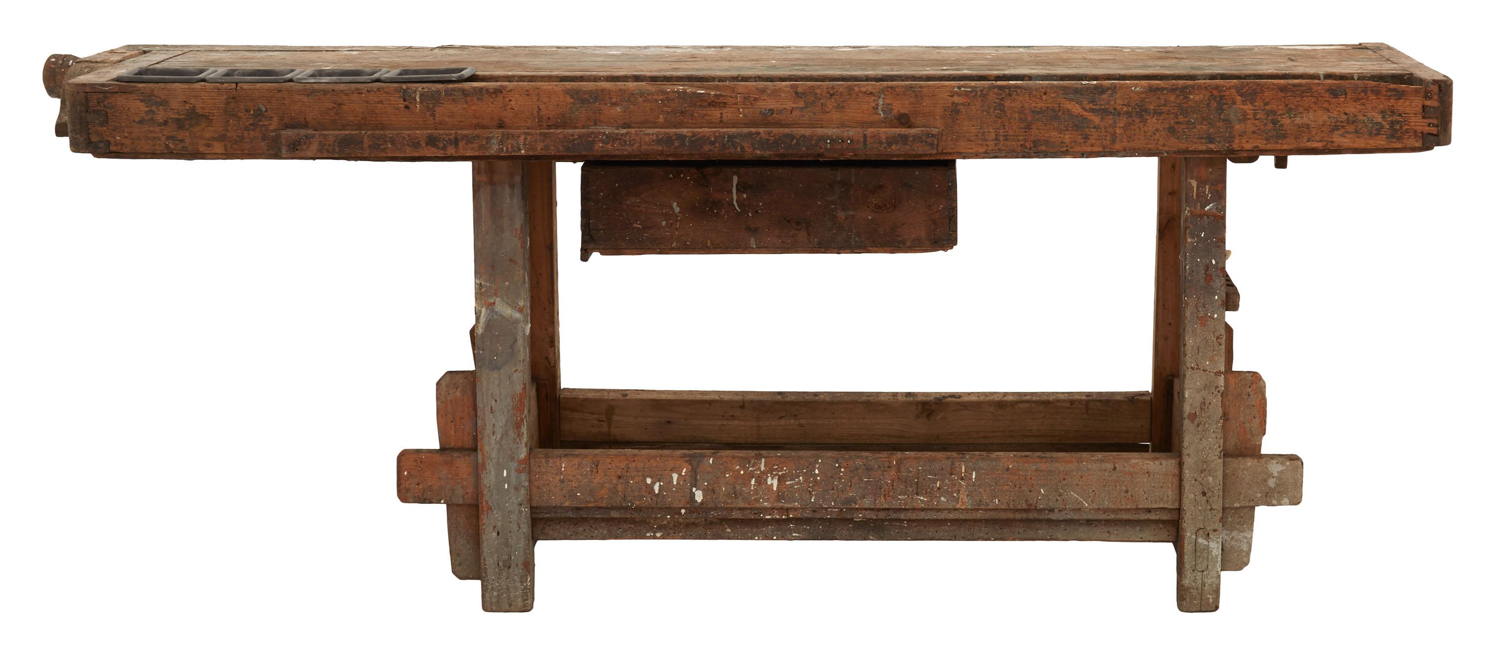 Weathered Wood Industrial Work Table In Good Condition For Sale In Chicago, IL