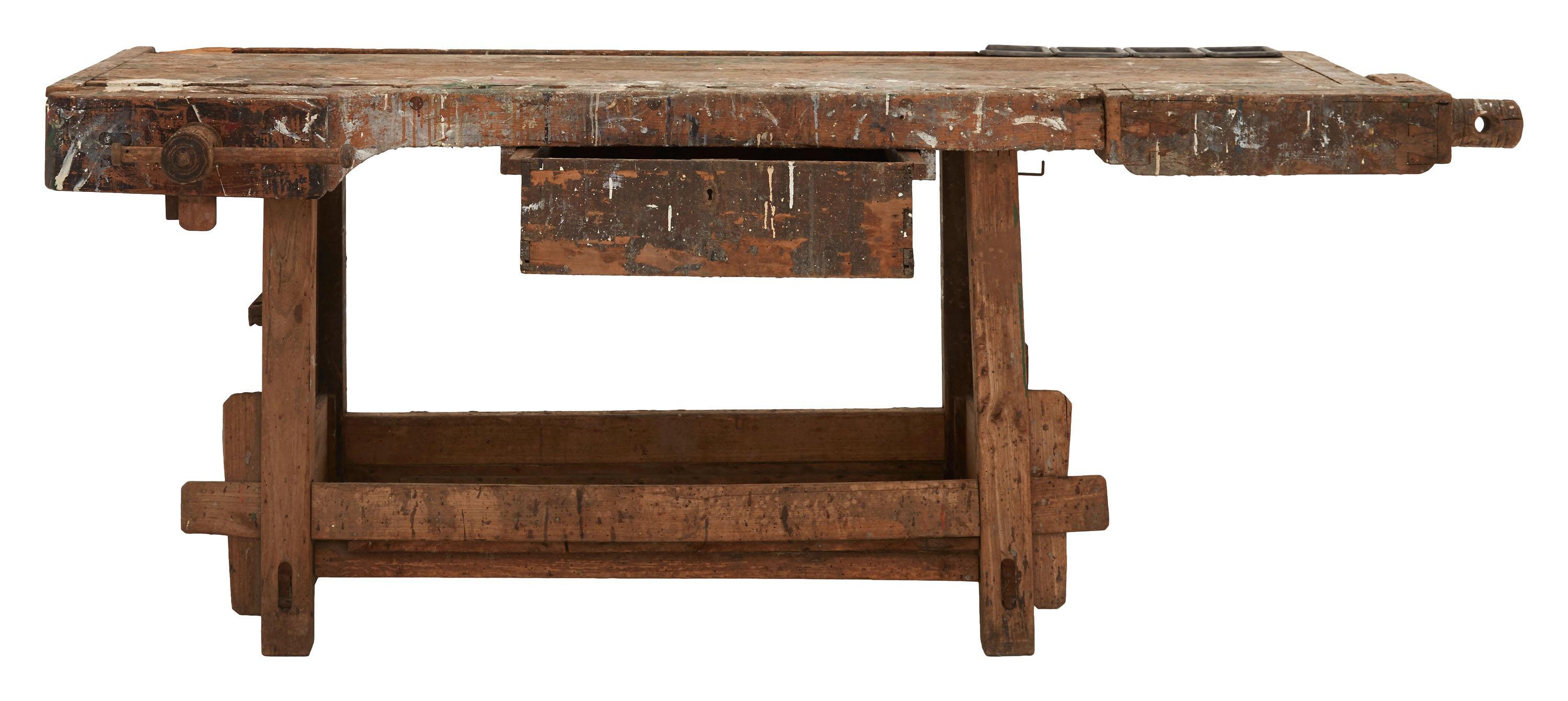 Weathered Wood Industrial Work Table For Sale 4