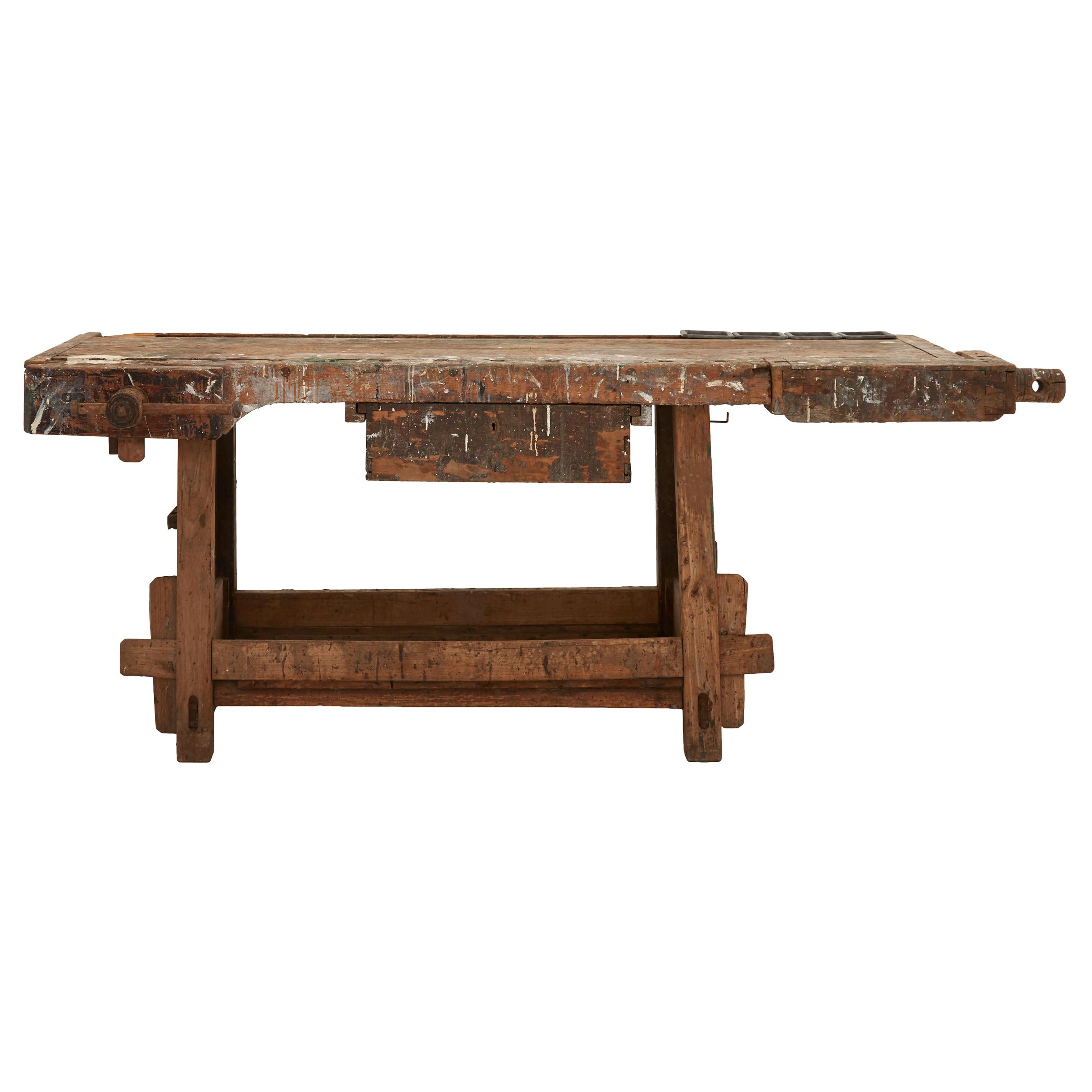 Weathered Wood Industrial Work Table For Sale