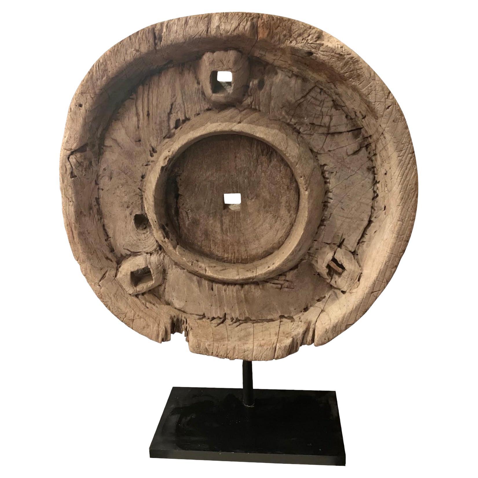 Weathered Wooden Chariot Wheel Sculpture, India, 1920s For Sale