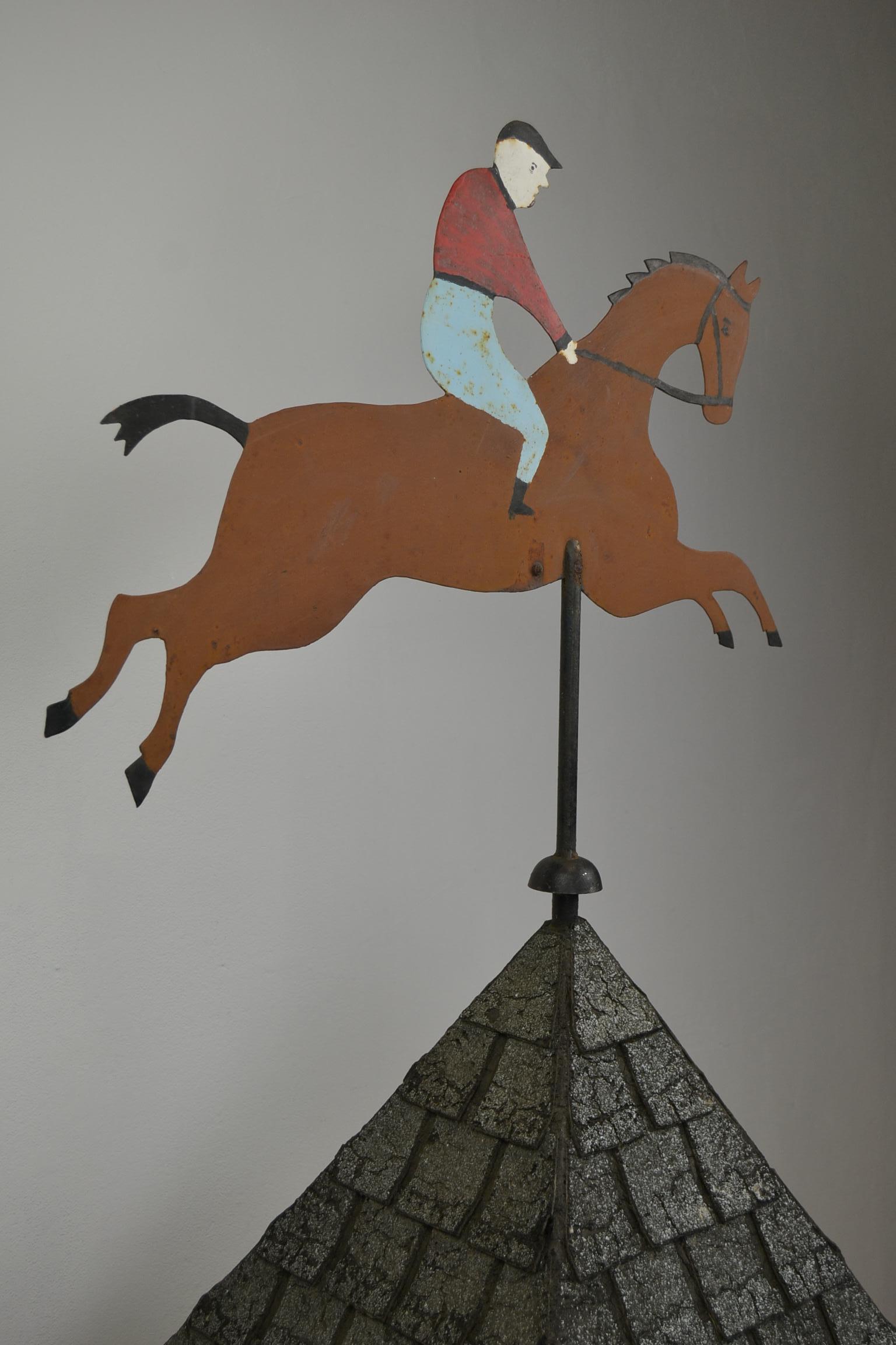 European Weathervane Horse with Jockey on Pointed Roof, Mid-20th Century, Europe