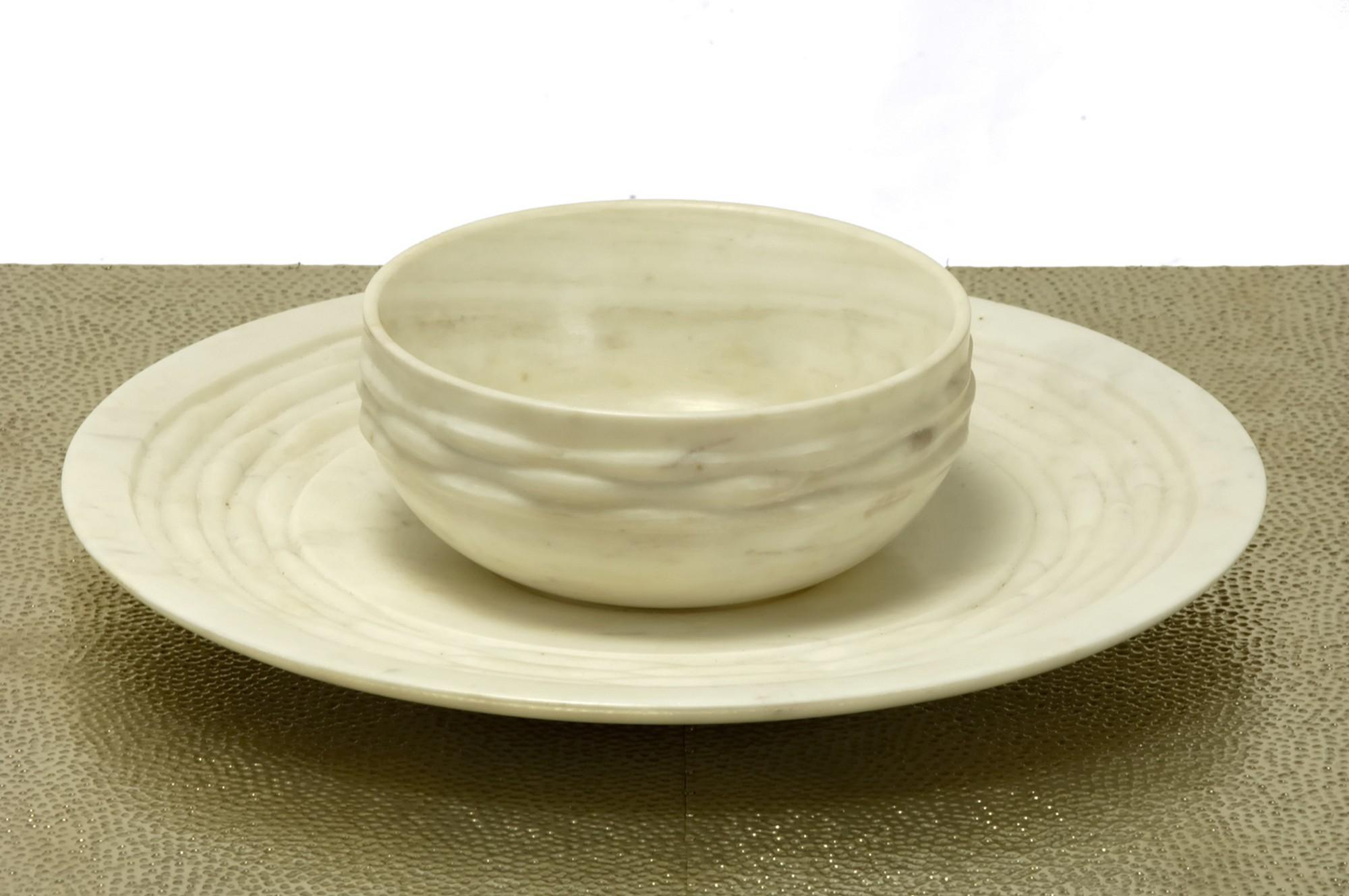 Indian Weave Bowl in White Marble Handcrafted in India by Stephanie Odegard For Sale
