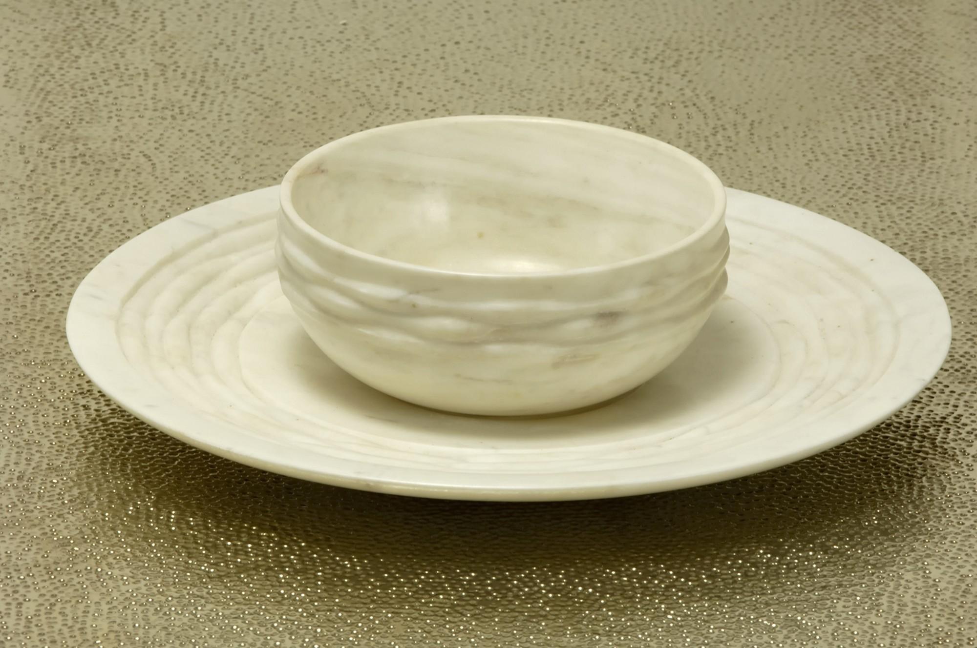 Hand-Carved Weave Bowl in White Marble Handcrafted in India by Stephanie Odegard For Sale