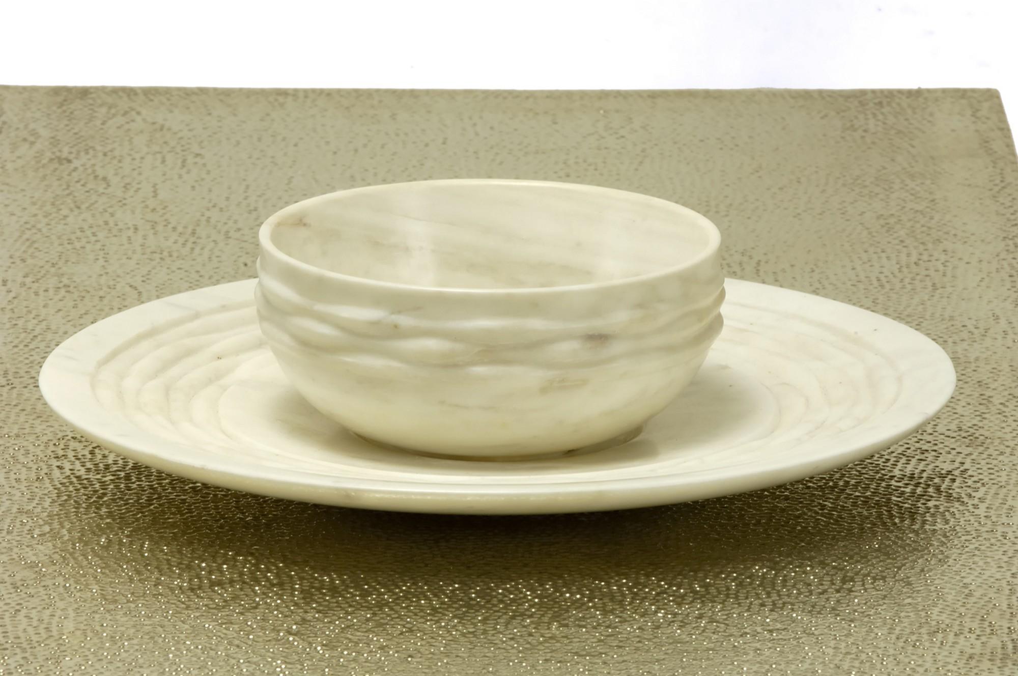 Contemporary Weave Bowl in White Marble Handcrafted in India by Stephanie Odegard For Sale
