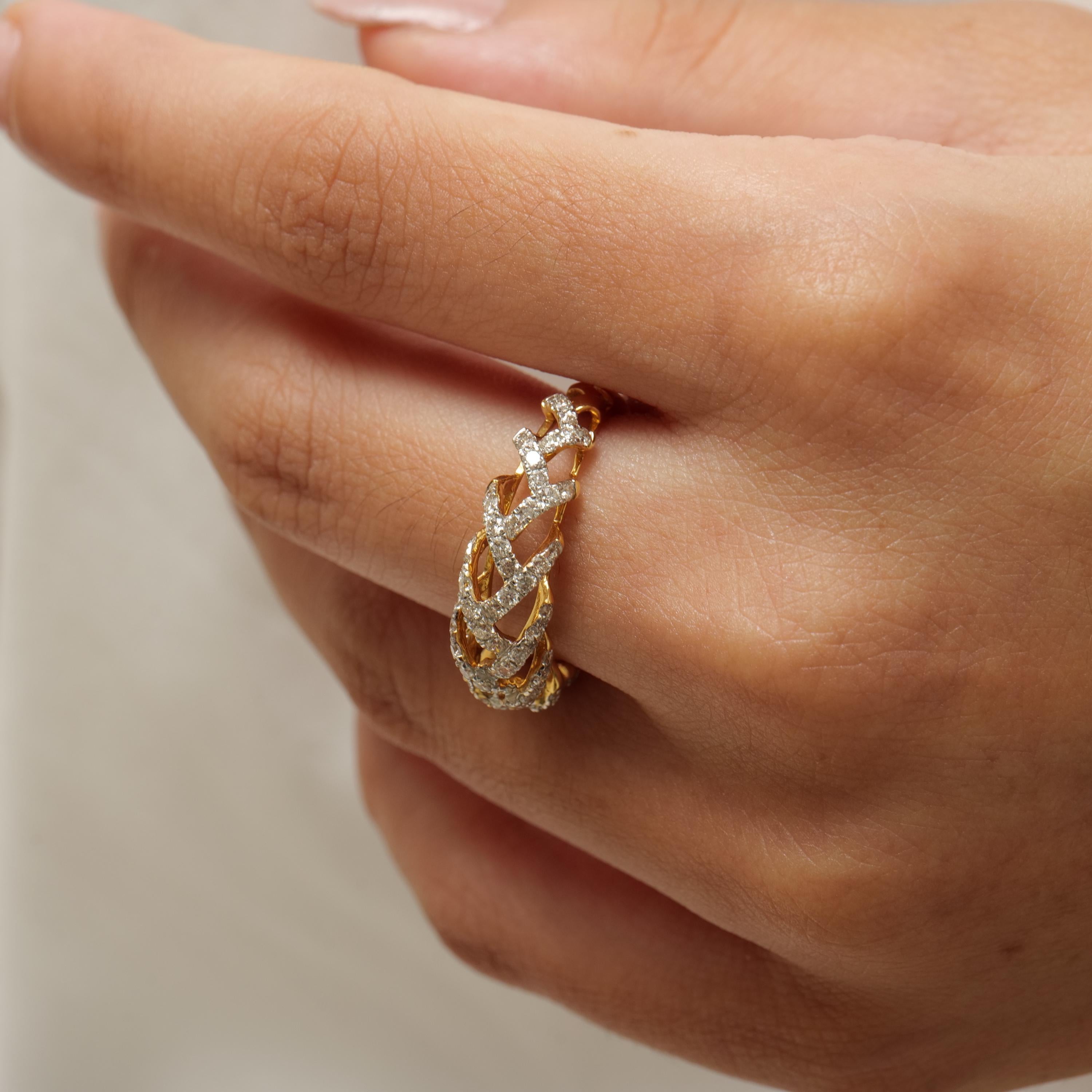 Art déco Bague à diamants Weave Design en or massif 14 carats (certifiée) en vente