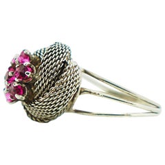 Weaved Mesh Sterling Red Stone Cluster Ring Sterling Silver