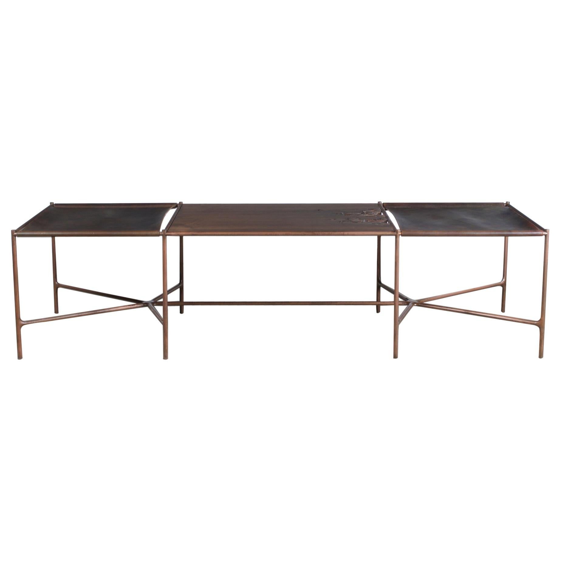 Web Series Cast Bronze, Saddle Leather and Wood Bench by Modern Industry Design For Sale