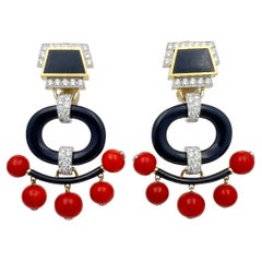 Webb 18k Gold Platinum Onyx Coral Diamond Pagoda Earrings