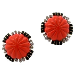 Webb Carved Coral Diamond 18 Karat Yellow Gold Platinum Bombe Earclip Earrings Webb Carved Coral Diamond 18 Karat Yellow Gold Platinum Bombe Earclip Earrings