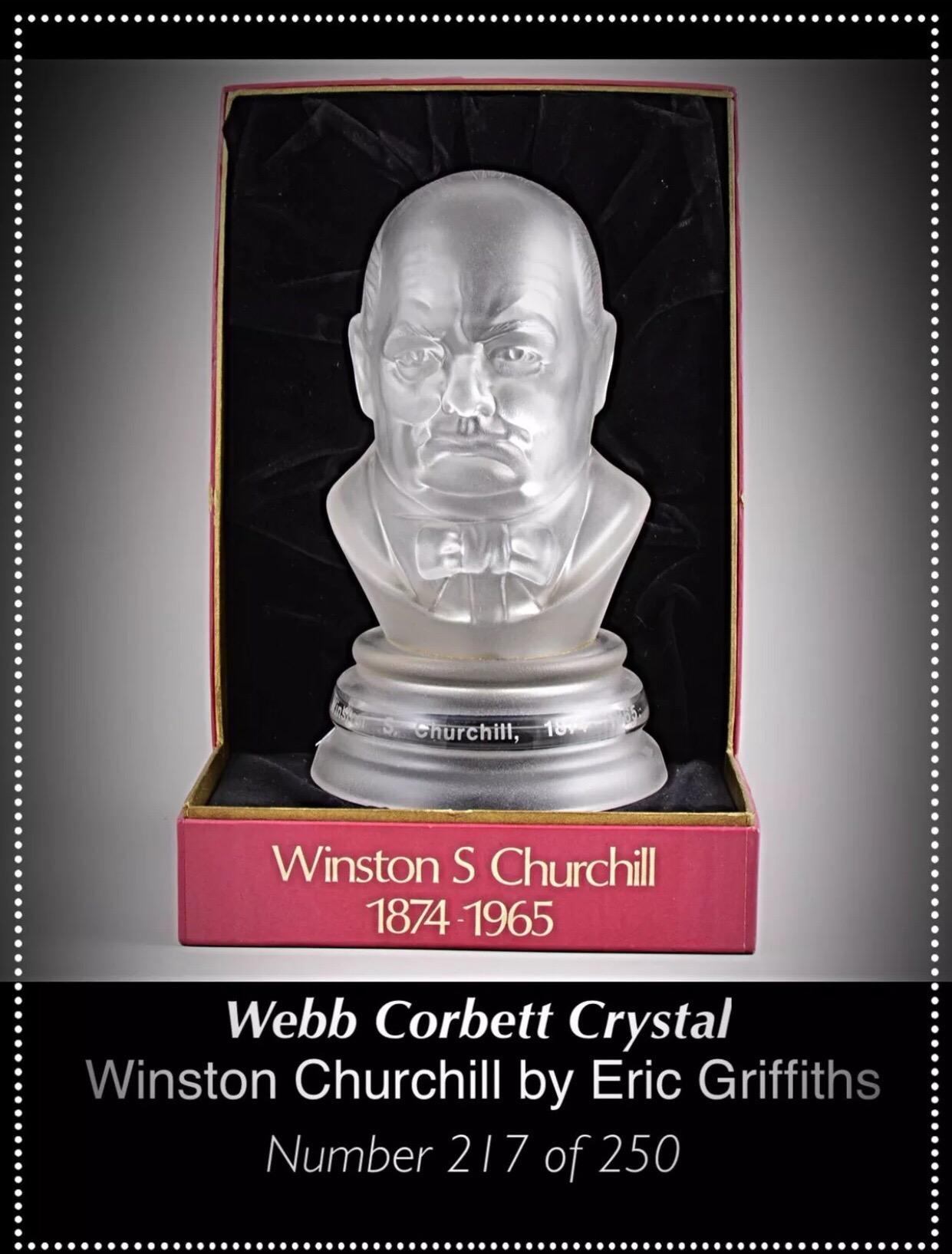 Produced in 1965 by Webb Corbett for Royal Doulton.
Webb Corbett Crystal limited edition glass bust of Winston Churchill, designed by Eric Griffiths.
Limited edition numbered 217 of 250, complete with documents and original presentation box.
When