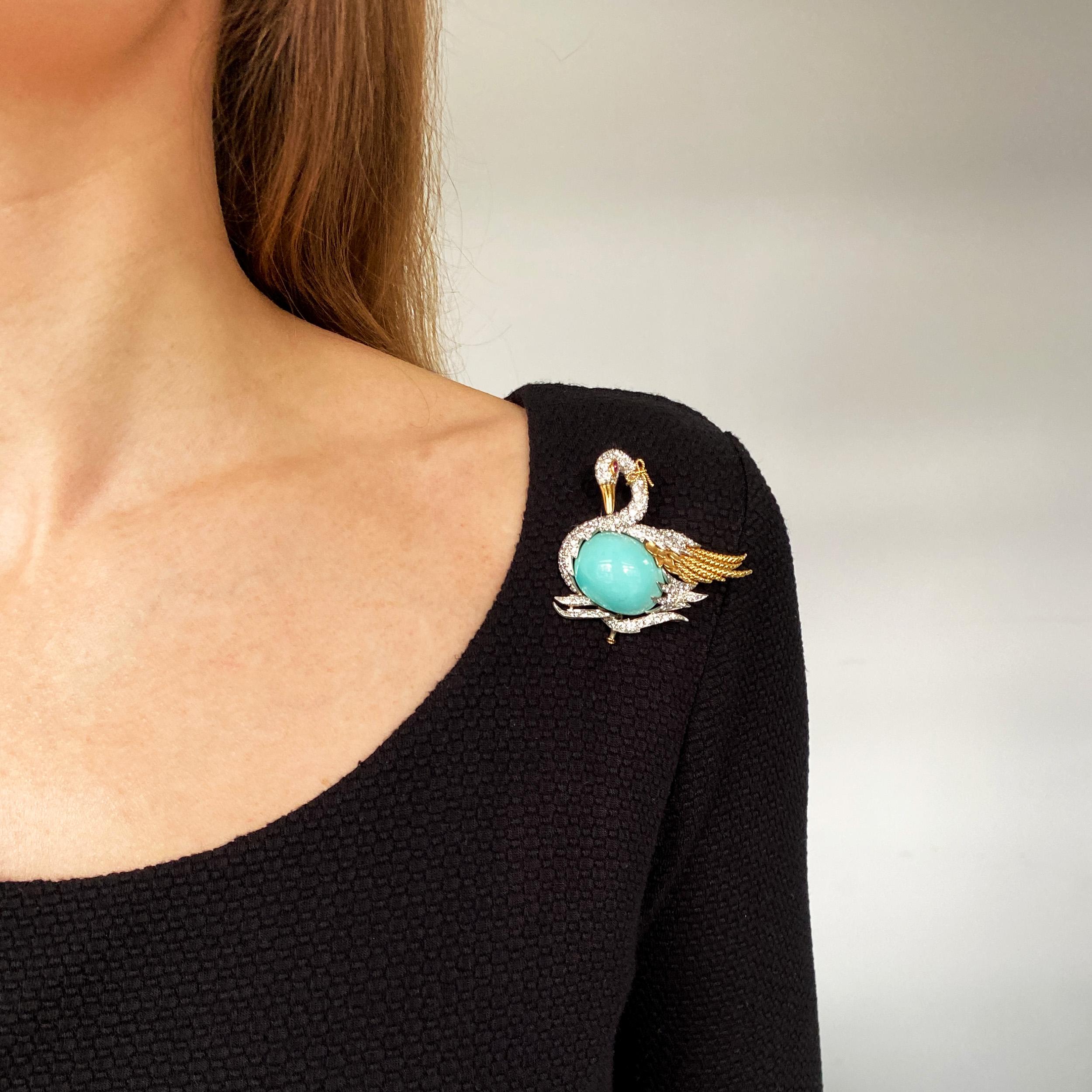 Artist Webb Turquoise, diamond and ruby swan brooch in 18k yellow gold and platinum  For Sale