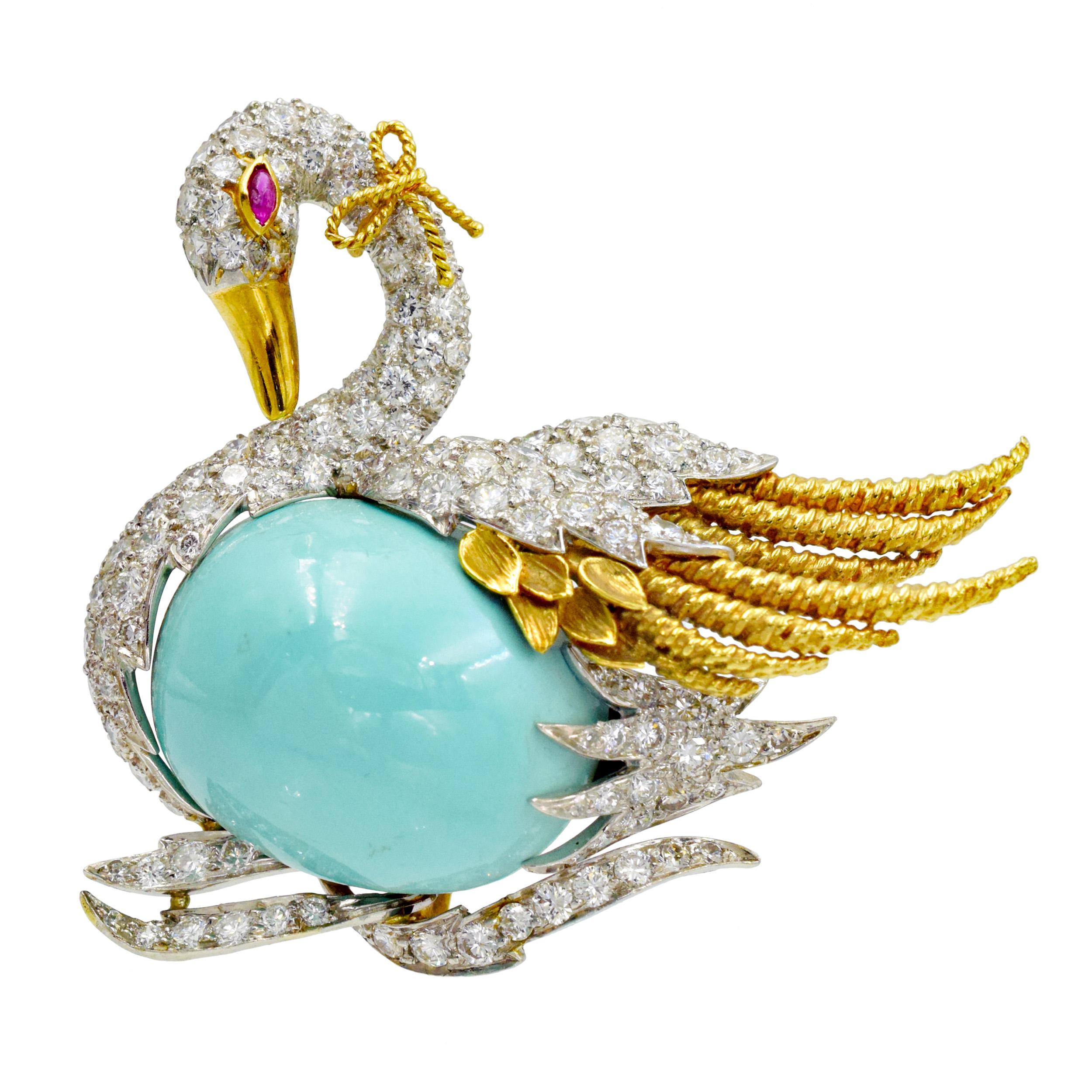 Oval Cut Webb Turquoise, diamond and ruby swan brooch in 18k yellow gold and platinum  For Sale