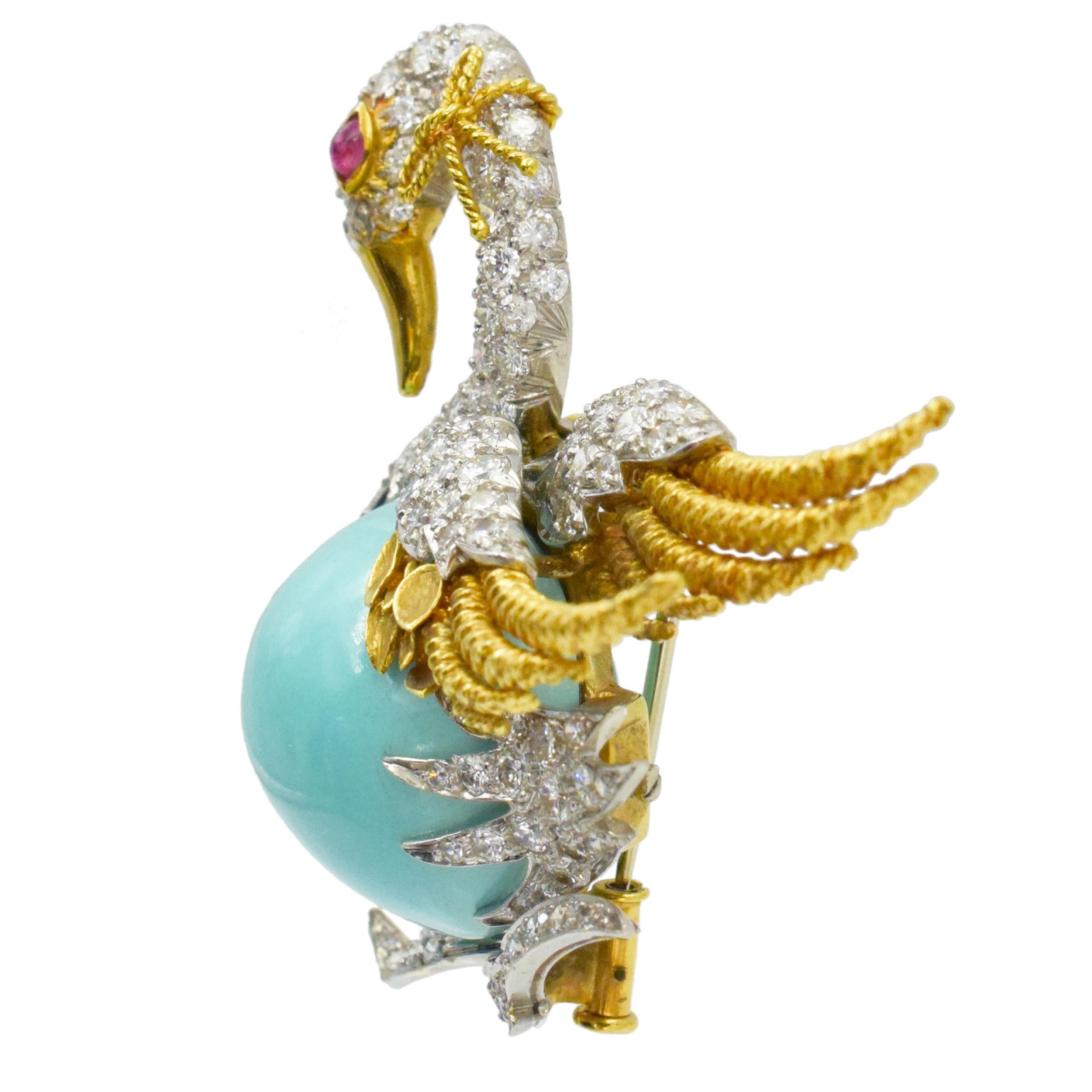Webb Turquoise, diamond and ruby swan brooch in 18k yellow gold and platinum  In Excellent Condition For Sale In New York, NY