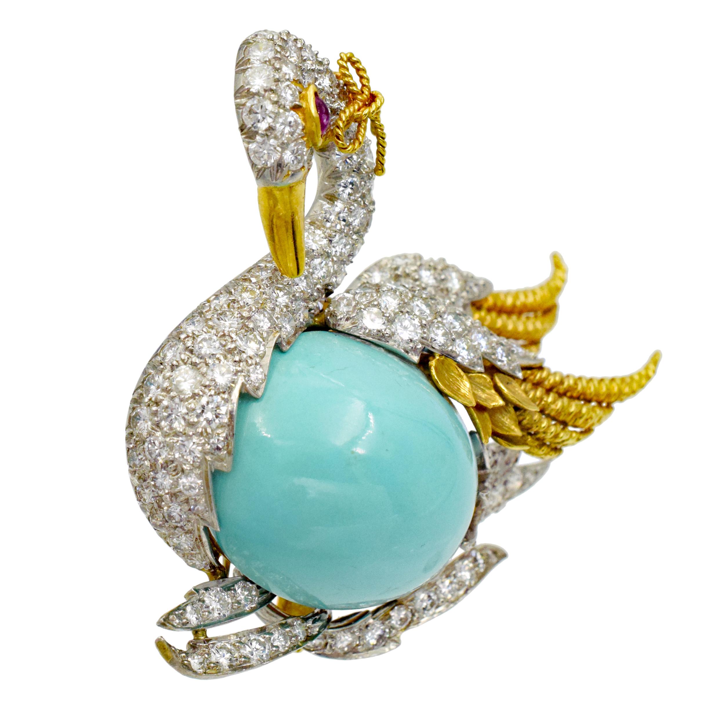 Women's or Men's Webb Turquoise, diamond and ruby swan brooch in 18k yellow gold and platinum  For Sale