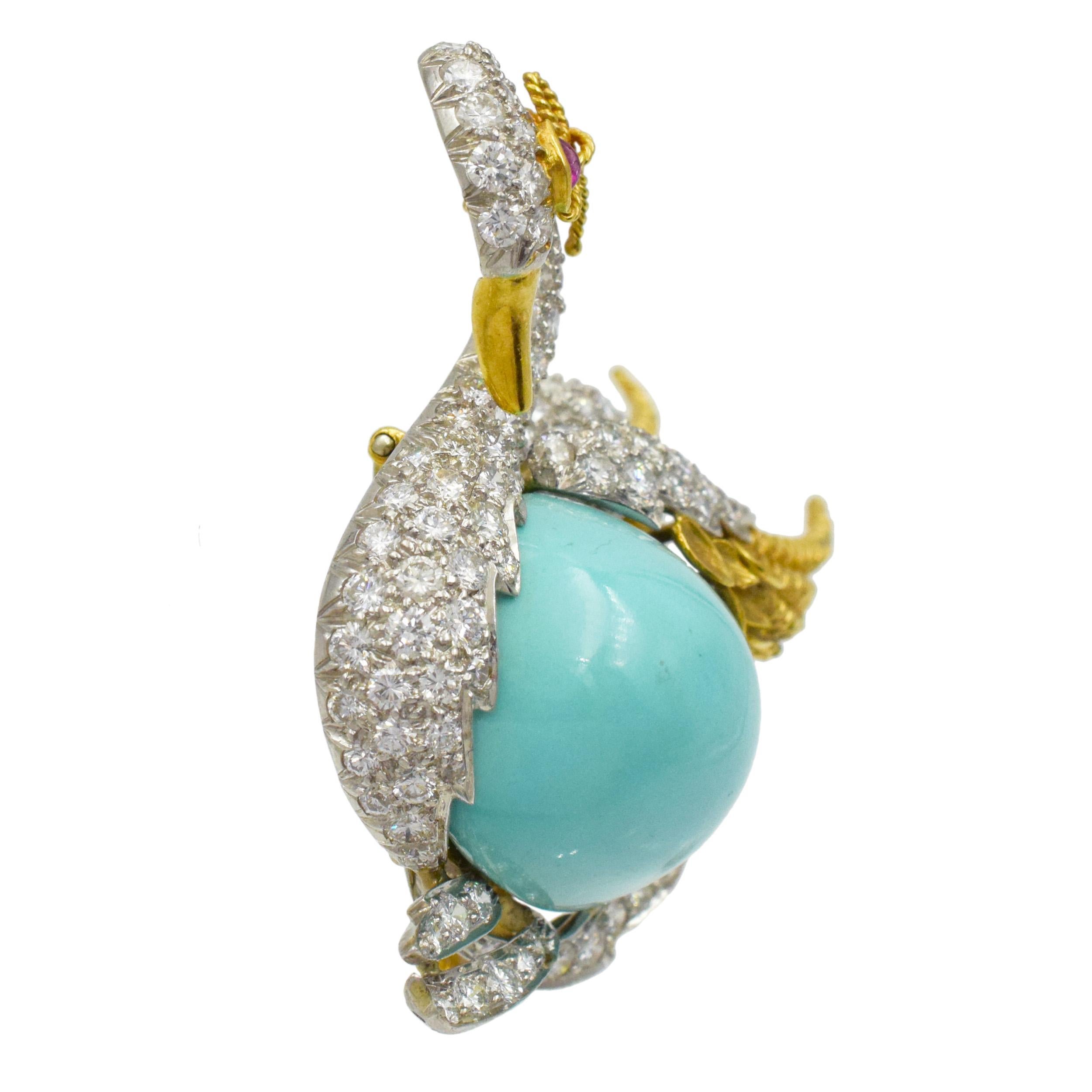 Webb Broche Swan en turquoise, diamant et rubis en or jaune 18k et platine  en vente 1