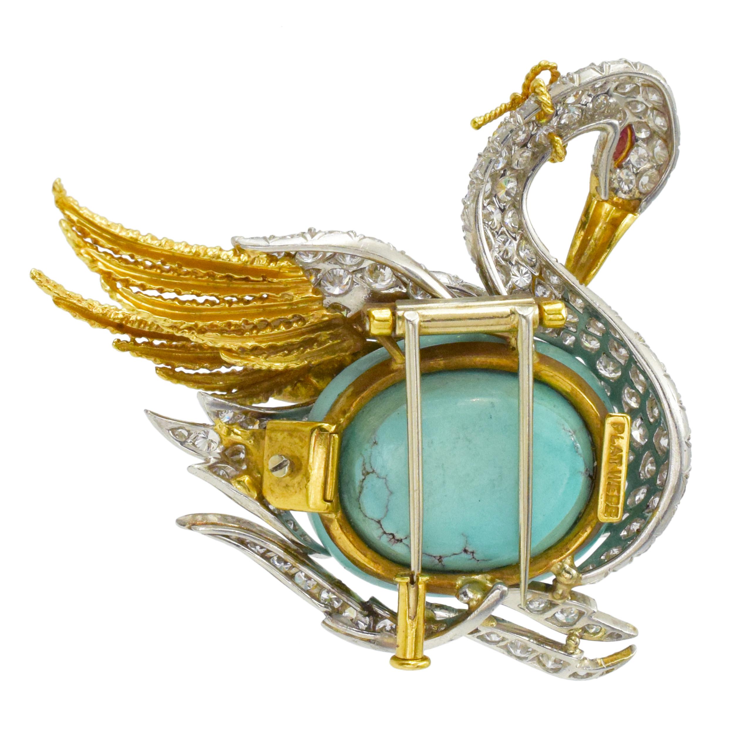 Webb Broche Swan en turquoise, diamant et rubis en or jaune 18k et platine  en vente 2