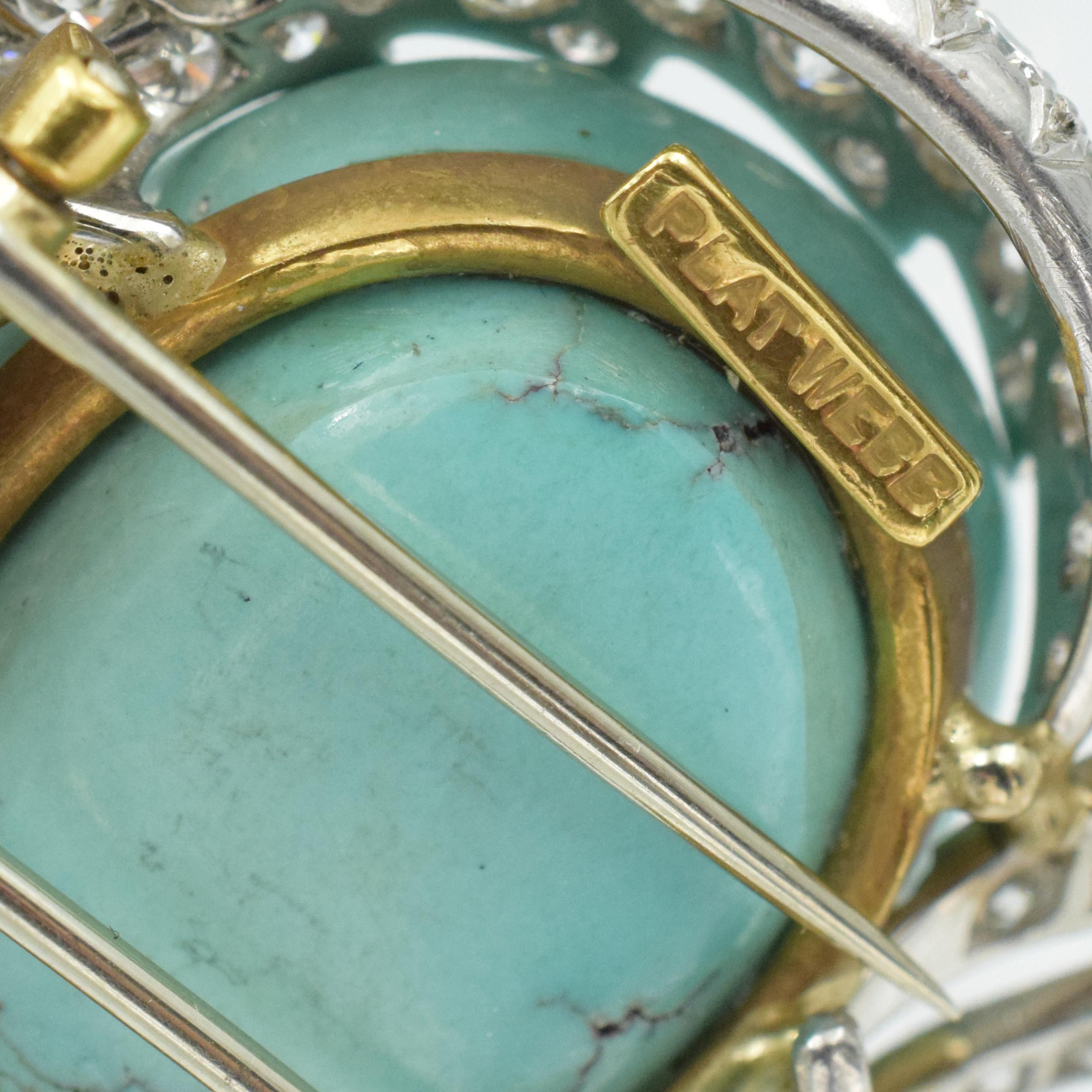 Webb Broche Swan en turquoise, diamant et rubis en or jaune 18k et platine  en vente 3