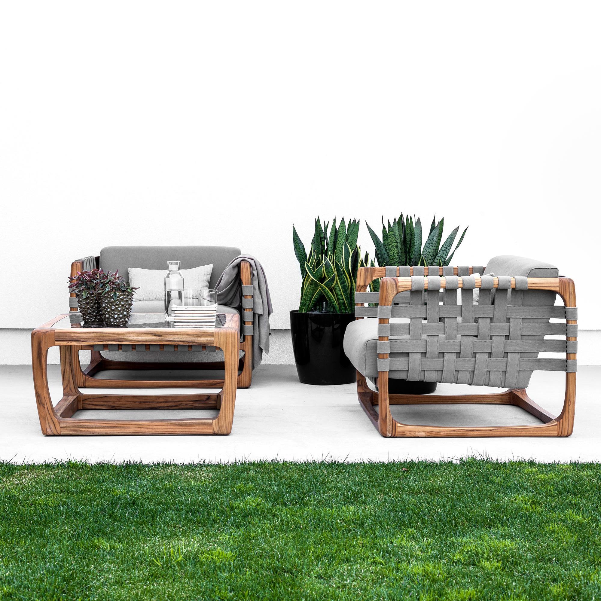Webbing Outdoor Armchair in Solid Teak with Outdoor Fabric For Sale 1