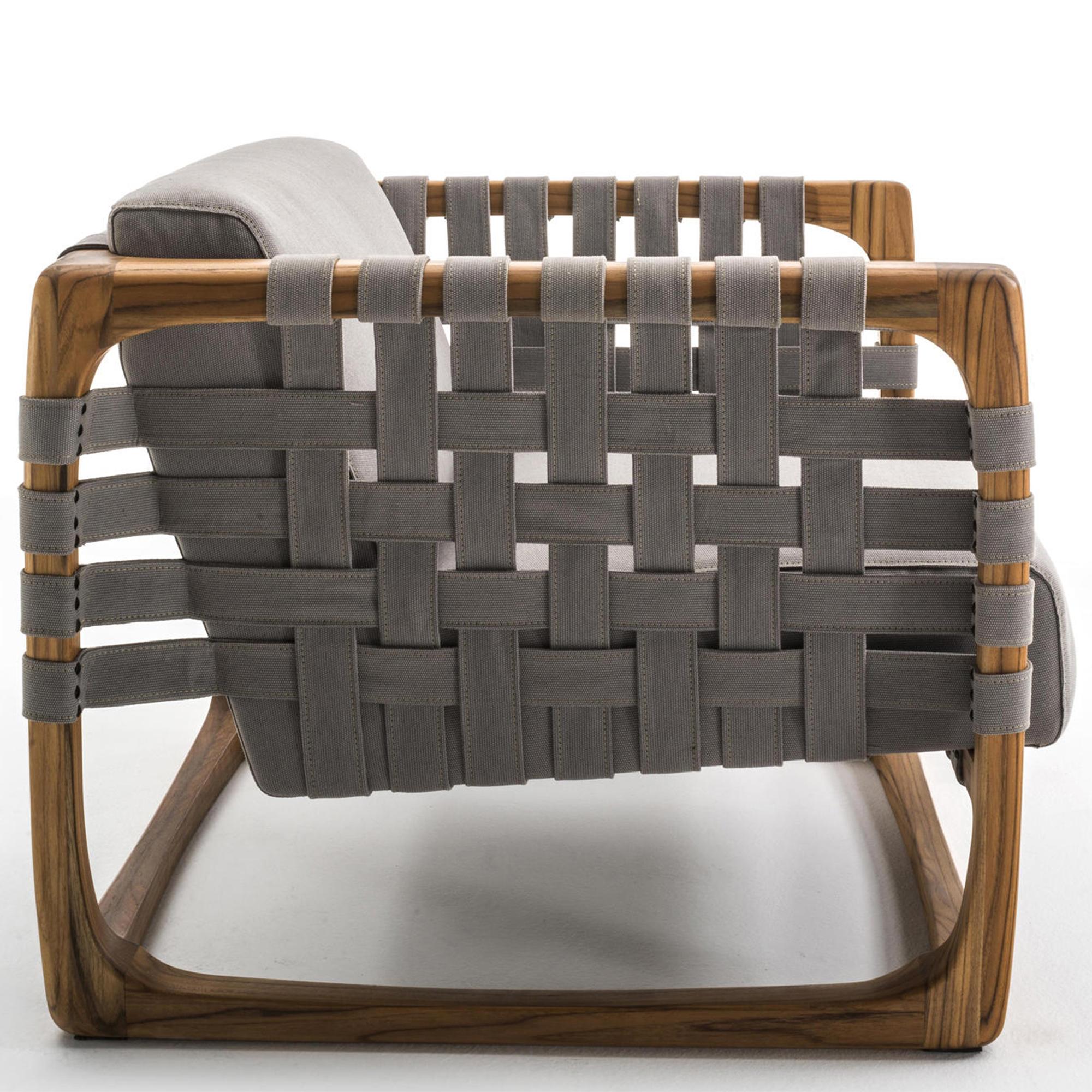 Italian Webbing Outdoor Armchair in Solid Teak with Outdoor Fabric For Sale