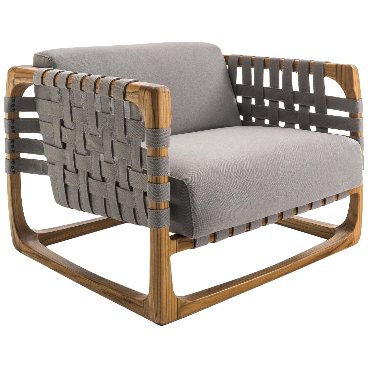 Webbing Outdoor Armchair in Solid Teak with Outdoor Fabric For Sale