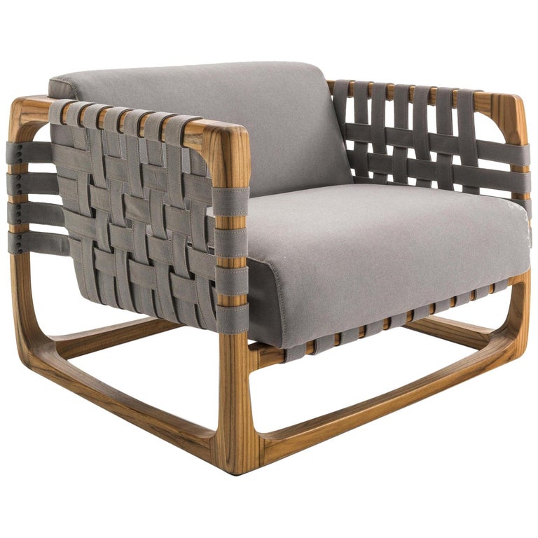bing Outdoor Armchair in Solid Teak with Outdoor Fabric For Sale at
