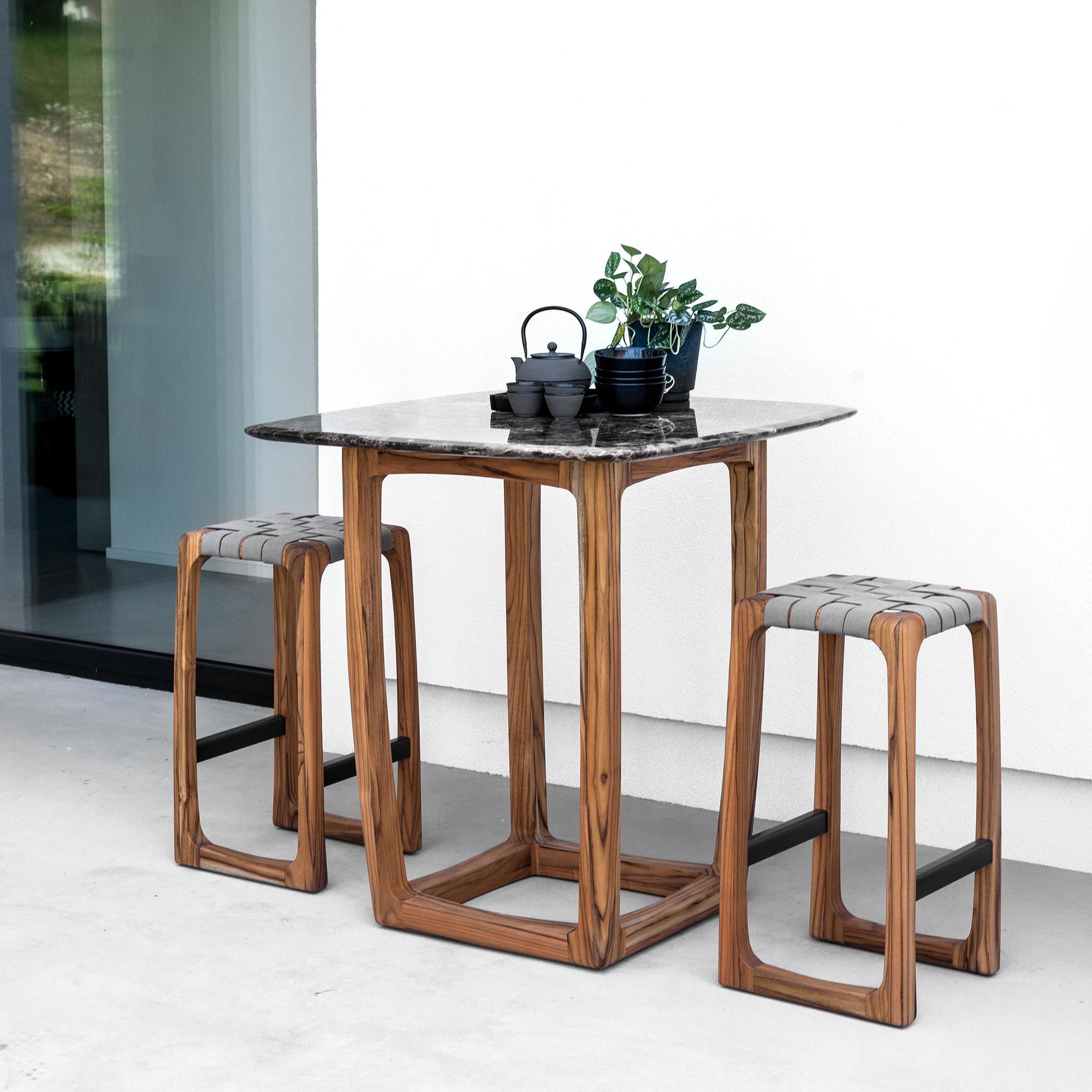 Contemporary Webbing Outdoor Bar Stool in Solid Teak with Outdoor Fabric