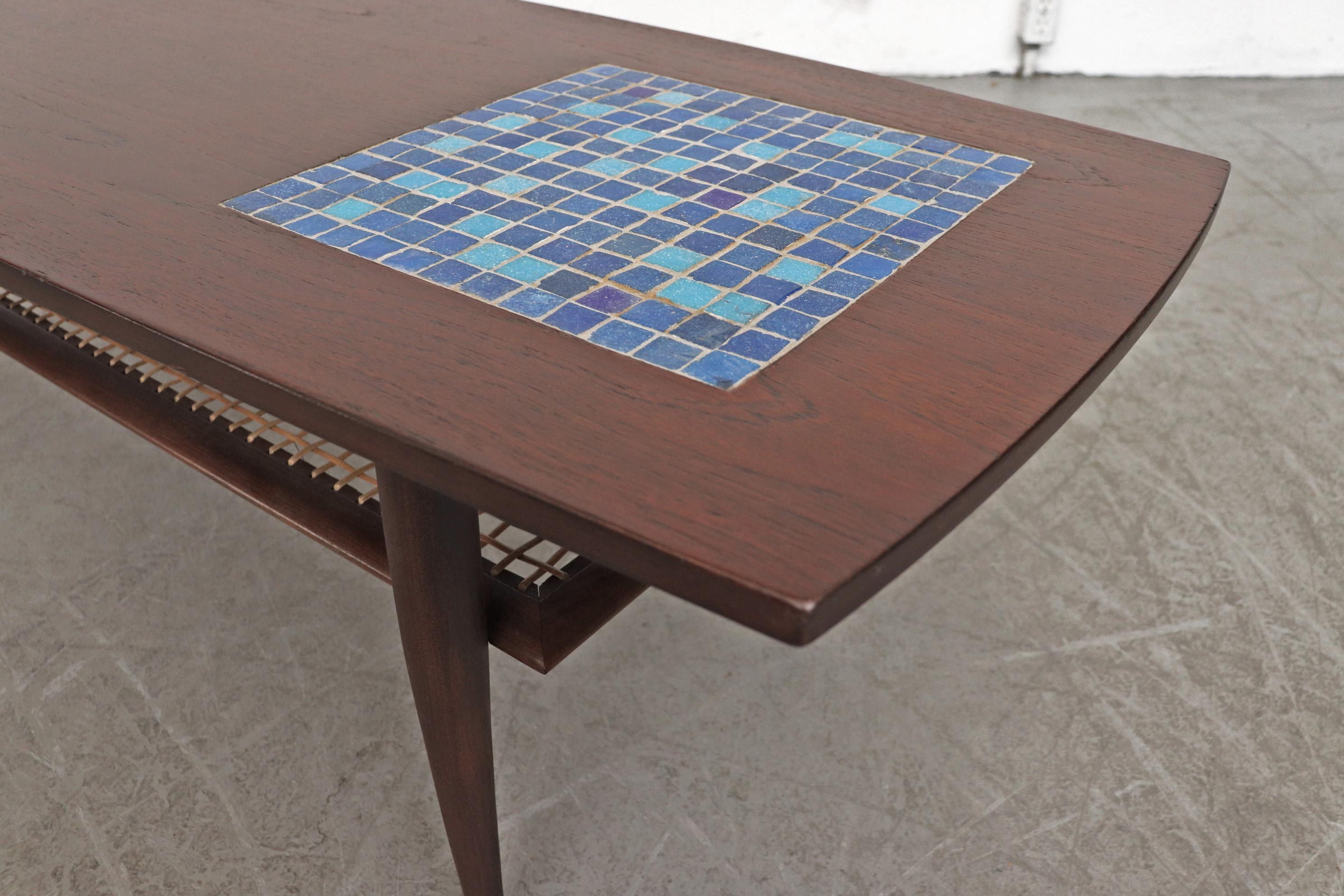 WeBe Attributed Teak Coffee Table with Inset Blue Mosaic In Good Condition In Los Angeles, CA