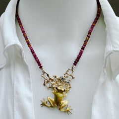 "Webster" Diamond & Ruby Frog Pendant in Yellow Gold with Tourmaline Bead Chain