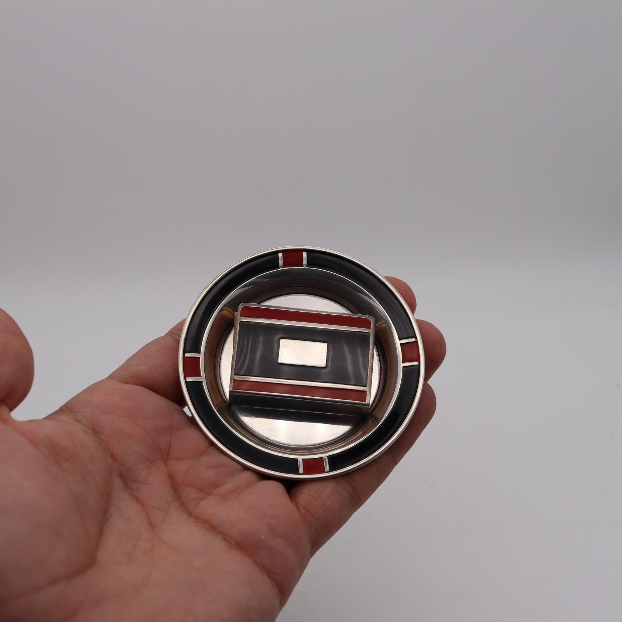 North American Webster & Sons 1925 Art Deco Red & Black Enamel Smoking Set in Sterling Silver For Sale