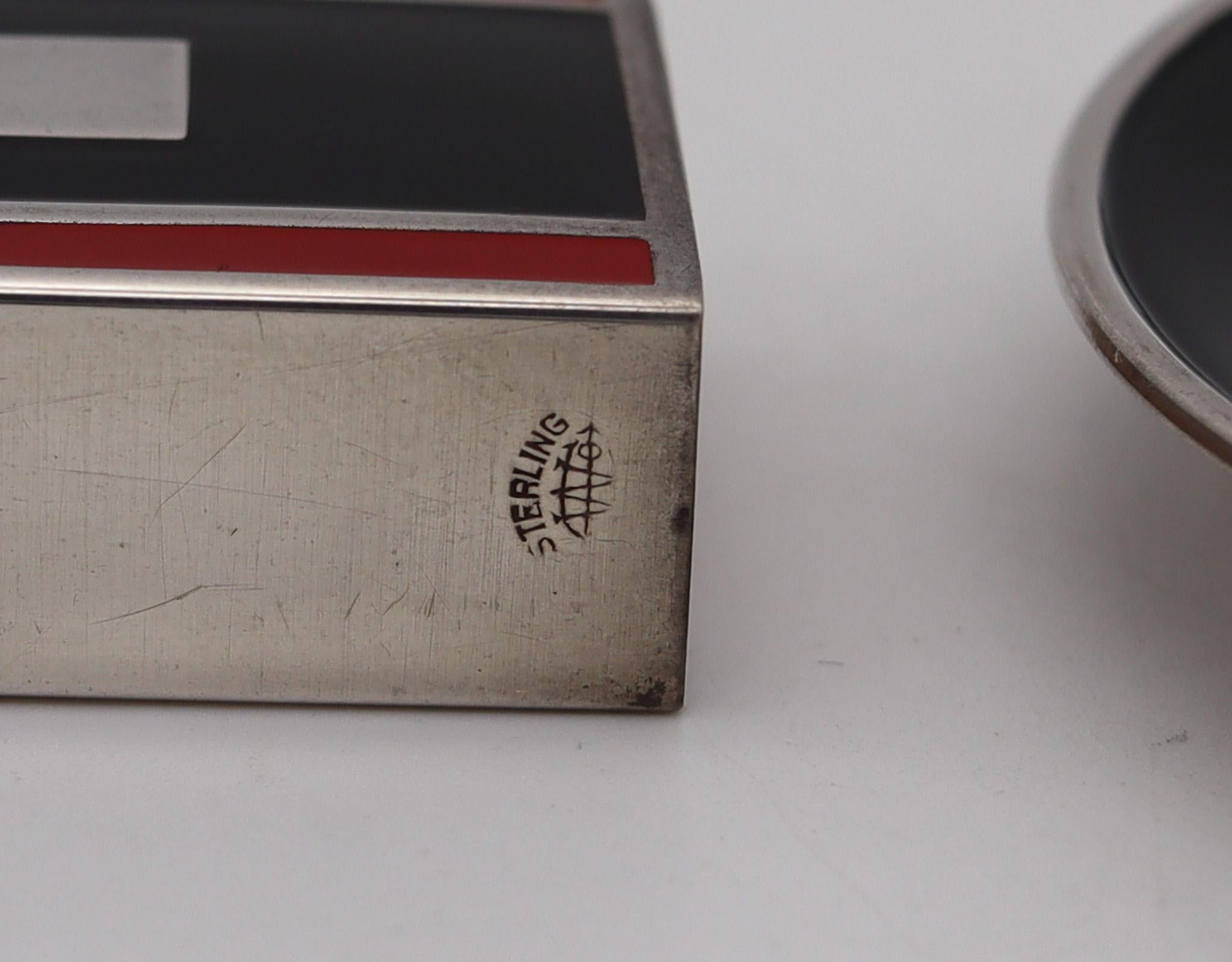 Webster & Sons 1925 Art Deco Red & Black Enamel Smoking Set in Sterling Silver In Excellent Condition For Sale In Miami, FL