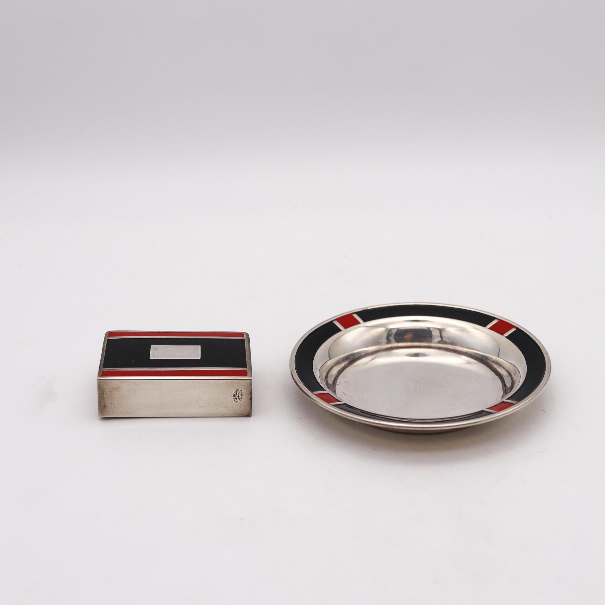 Early 20th Century Webster & Sons 1925 Art Deco Red & Black Enamel Smoking Set in Sterling Silver For Sale