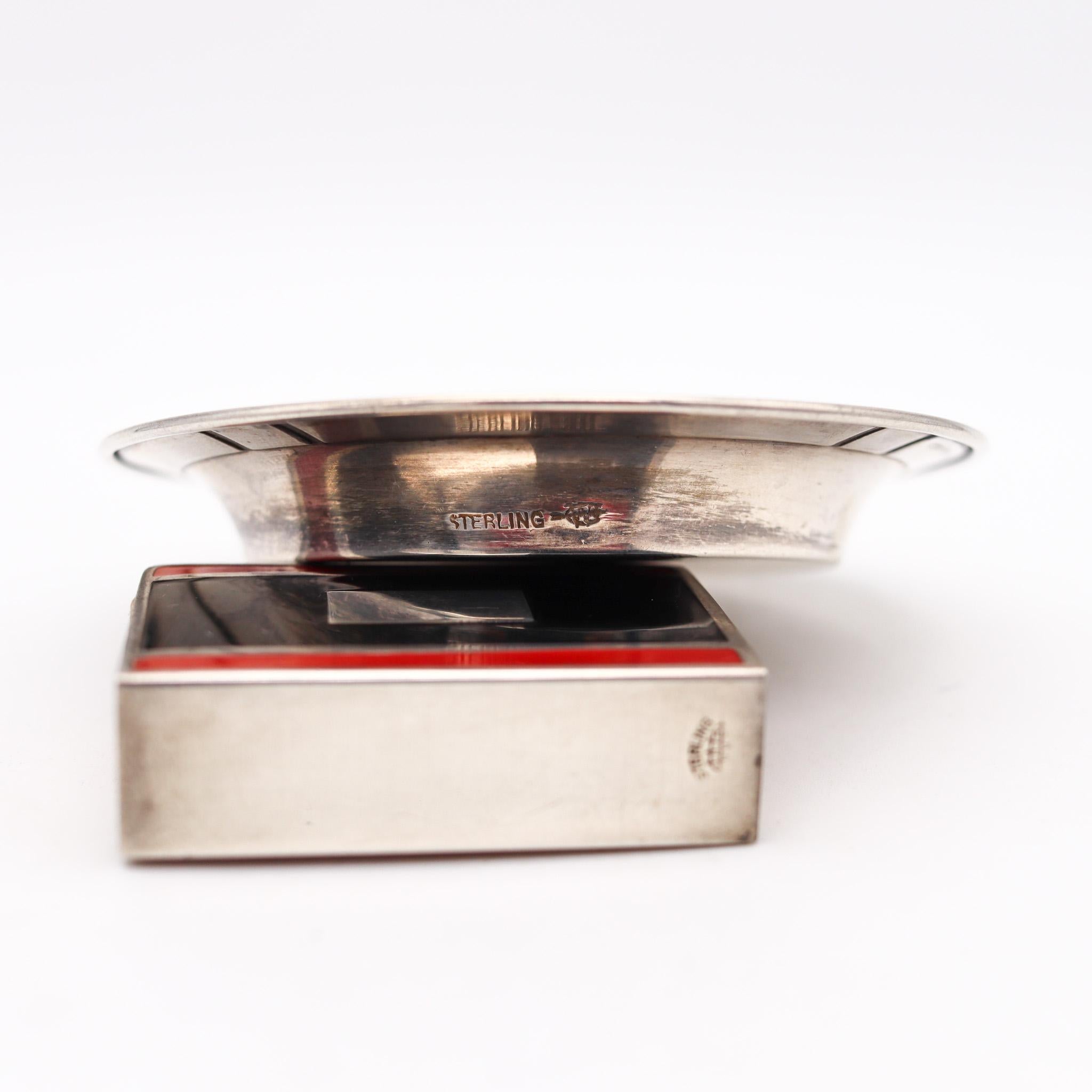 Webster & Sons 1925 Art Deco Red & Black Enameled Smoking Set in Sterling Silver In Excellent Condition For Sale In Miami, FL