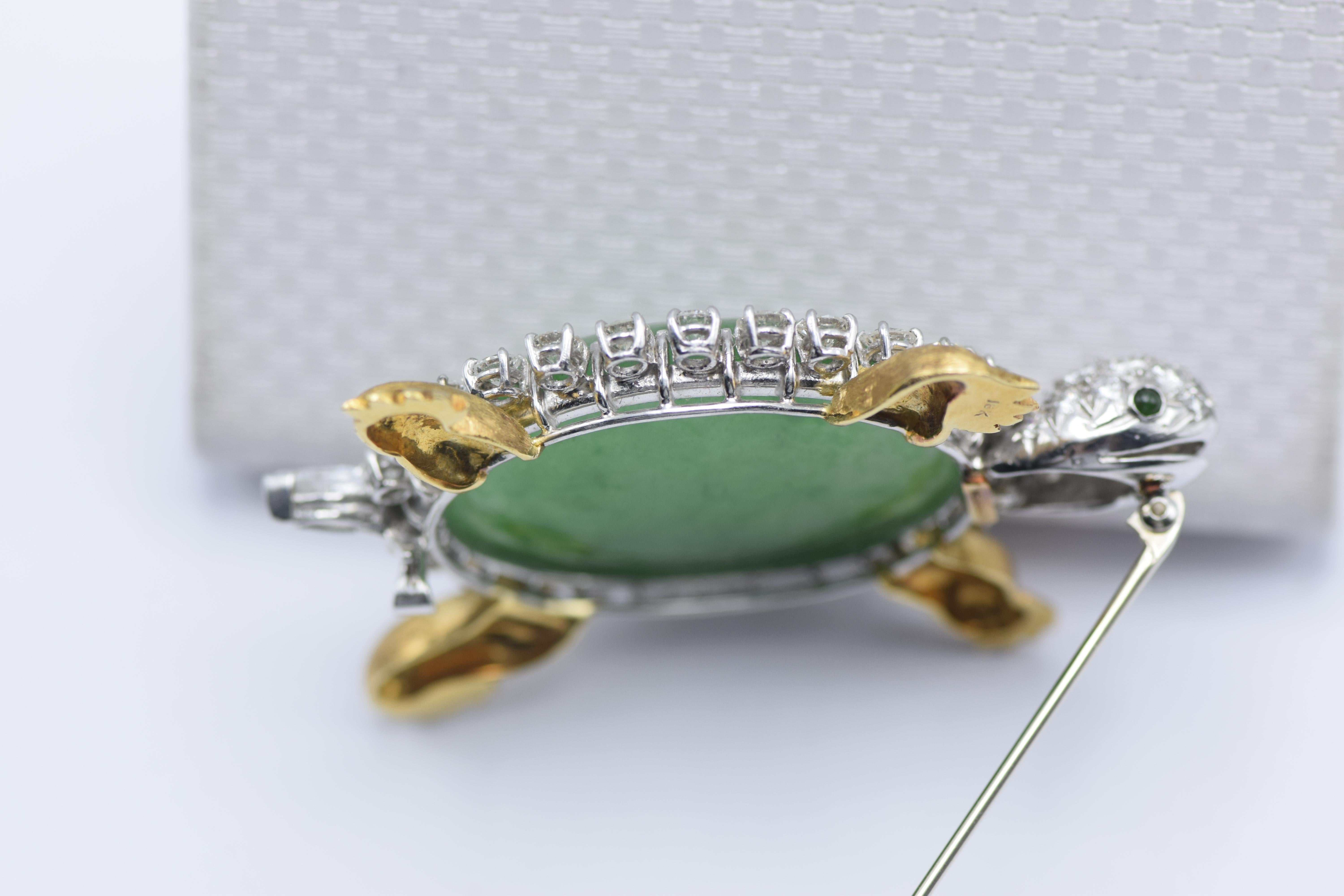 
A Jadeite Jade, Diamond and 18k gold turtle brooch
signed Wedderien; estimated total diamond weight: 4.25cts; dimensions: 1 3/4 x 2 1/2in.
