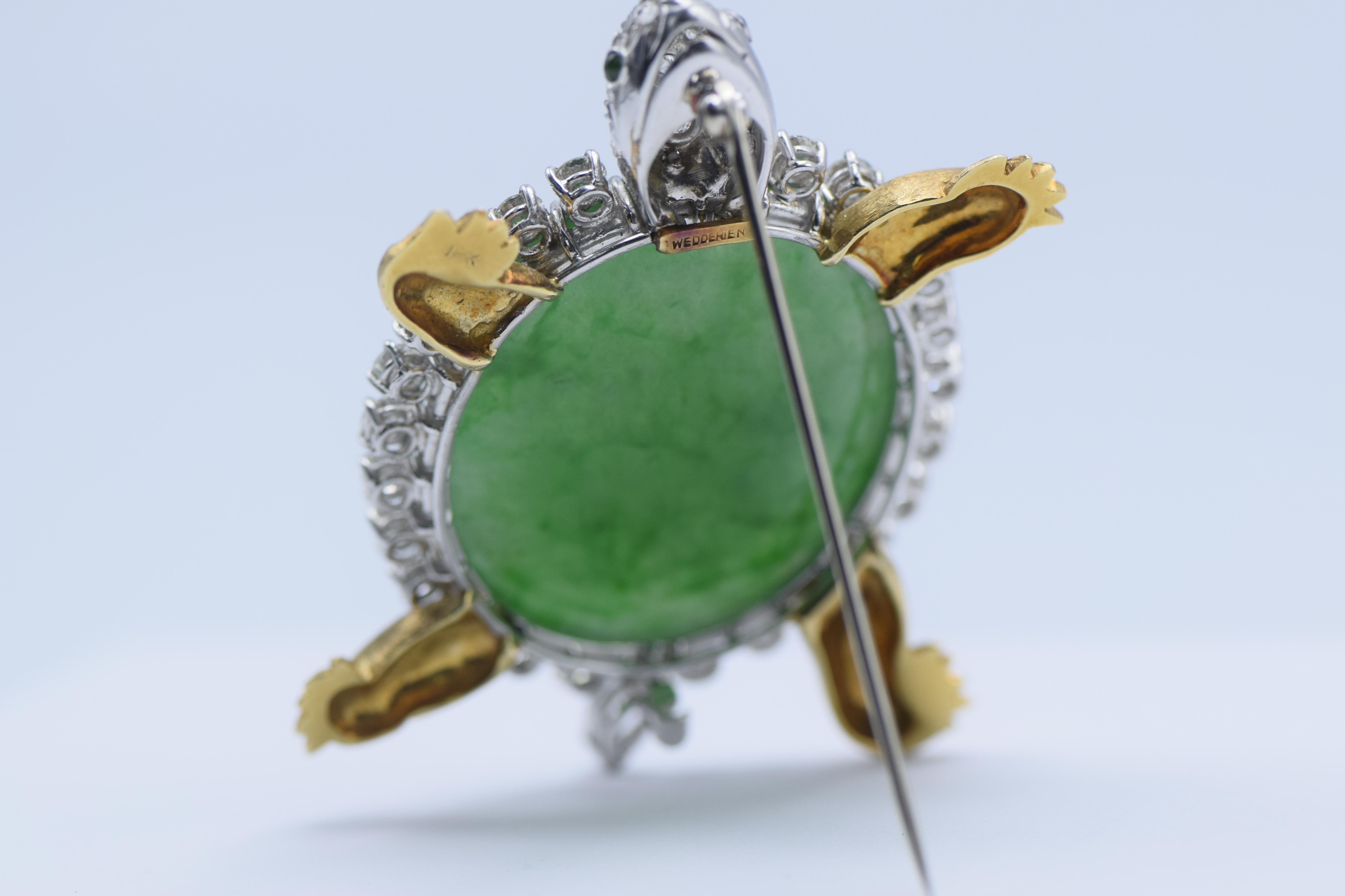 Wedderien, Large Jadeite Jade, Diamond and 18 Karat Turtle Brooch For Sale 1