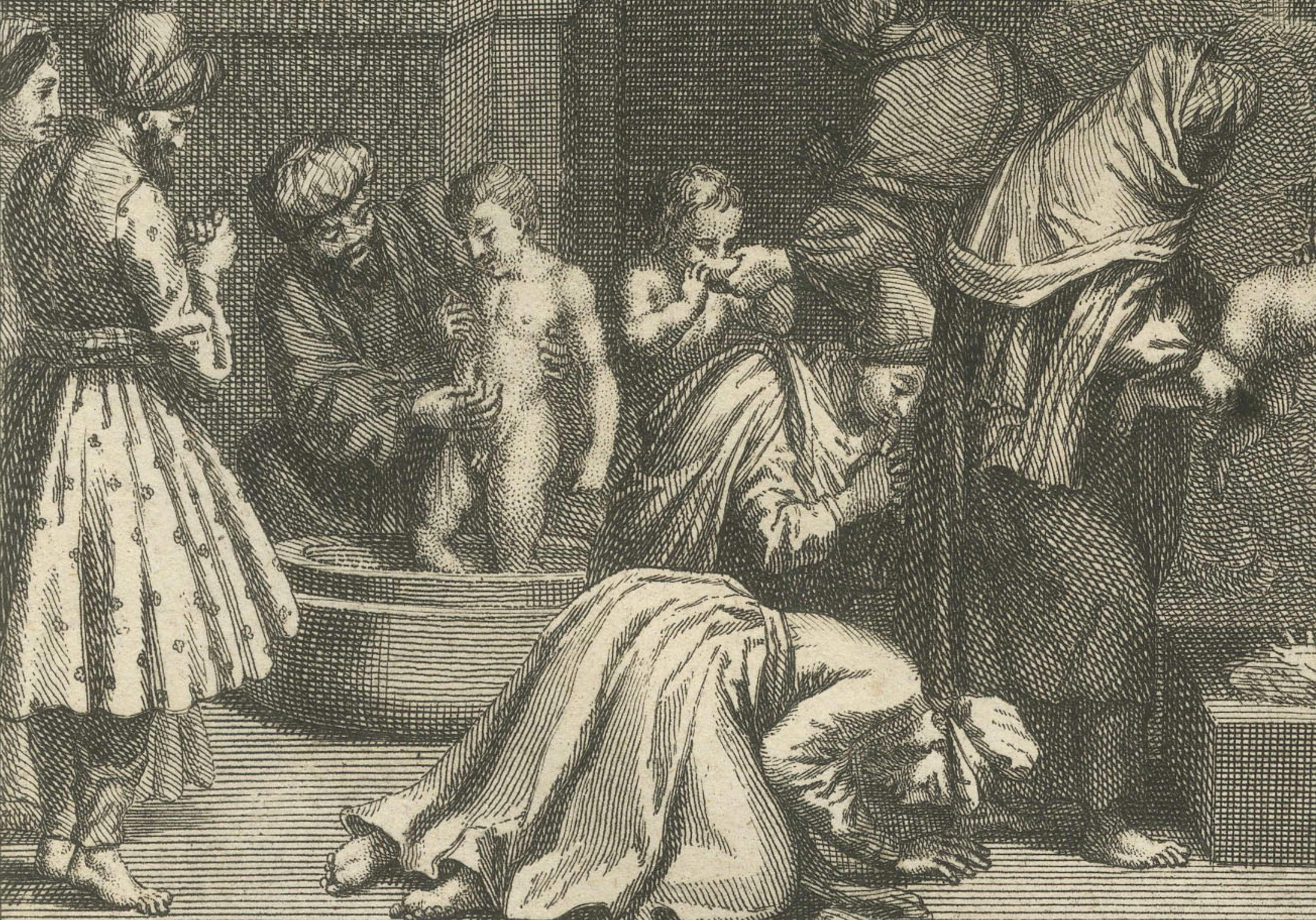 Titel: Hochzeit und Feuertaufe der Parsis - Seltener zoroastrischer Ritualstich von 1734

Beschreibung:
Dieser bemerkenswerte Kupferstich aus dem 18. Jahrhundert zeigt zwei seltene und fein gezeichnete Szenen zoroastrischer (Parsi) religiöser Riten,