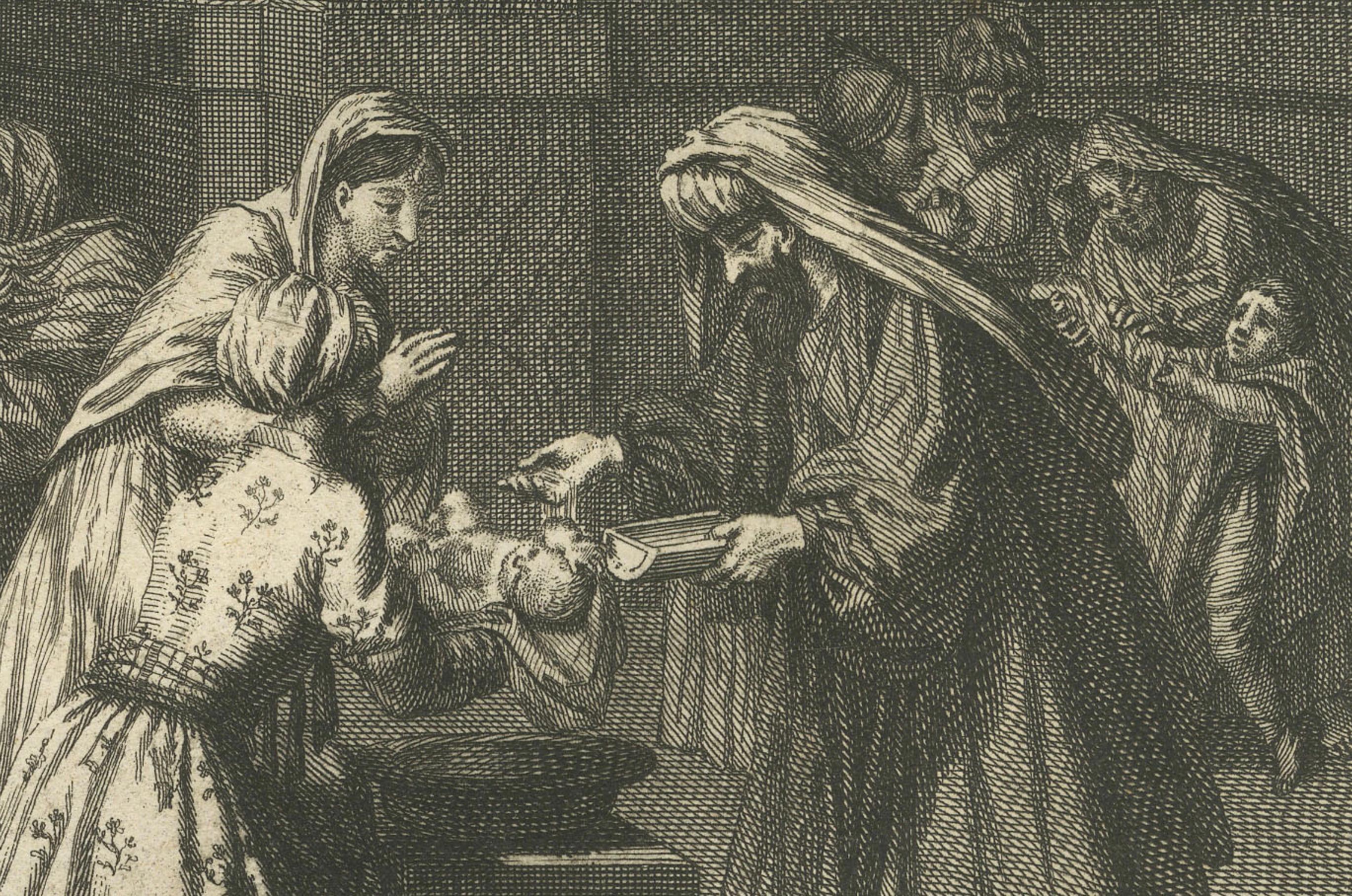 Hochzeit und Feuertaufe der Parsen - Seltener zoroastrischer Ritualstich von 1734 im Zustand „Gut“ im Angebot in Langweer, NL
