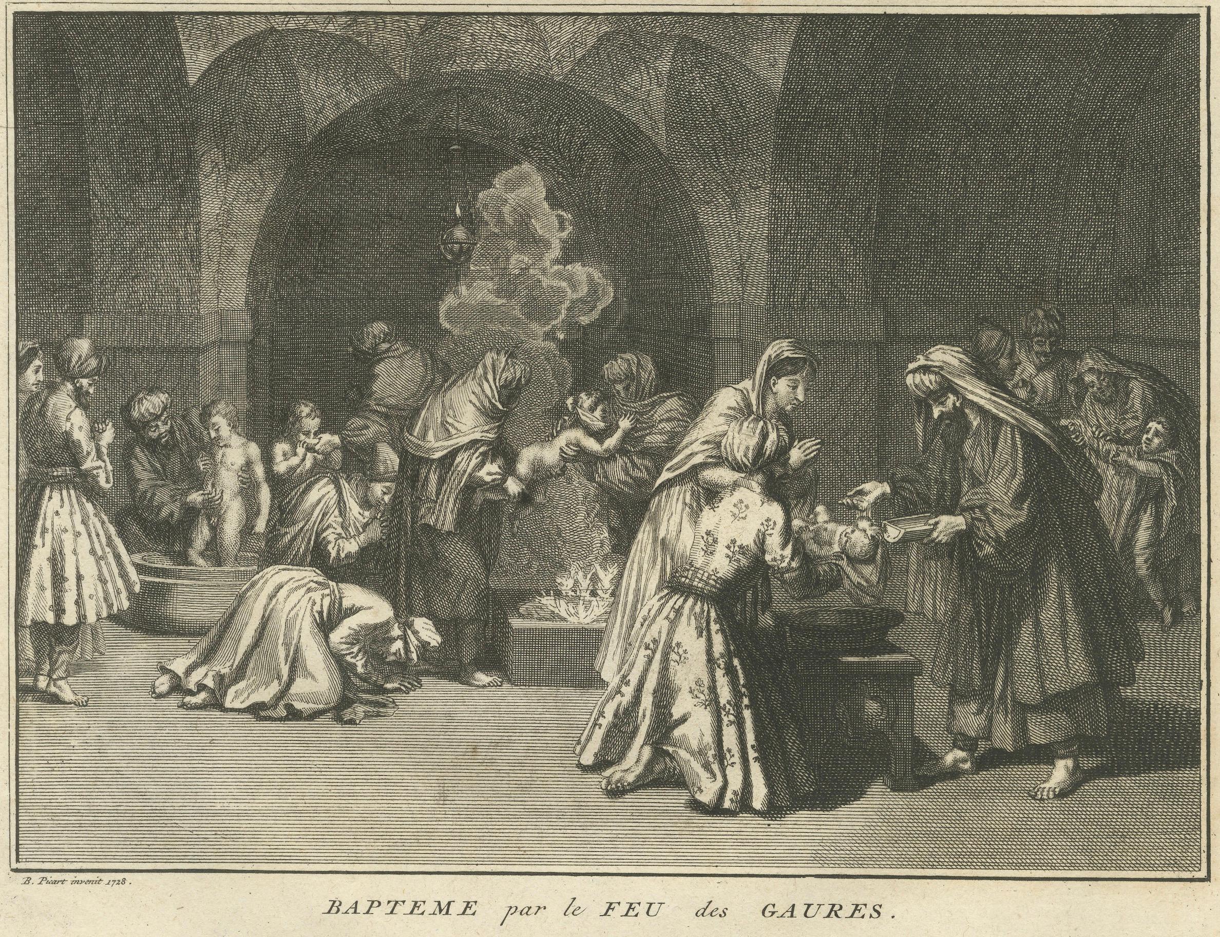 Hochzeit und Feuertaufe der Parsen - Seltener zoroastrischer Ritualstich von 1734 (Mitte des 18. Jahrhunderts) im Angebot
