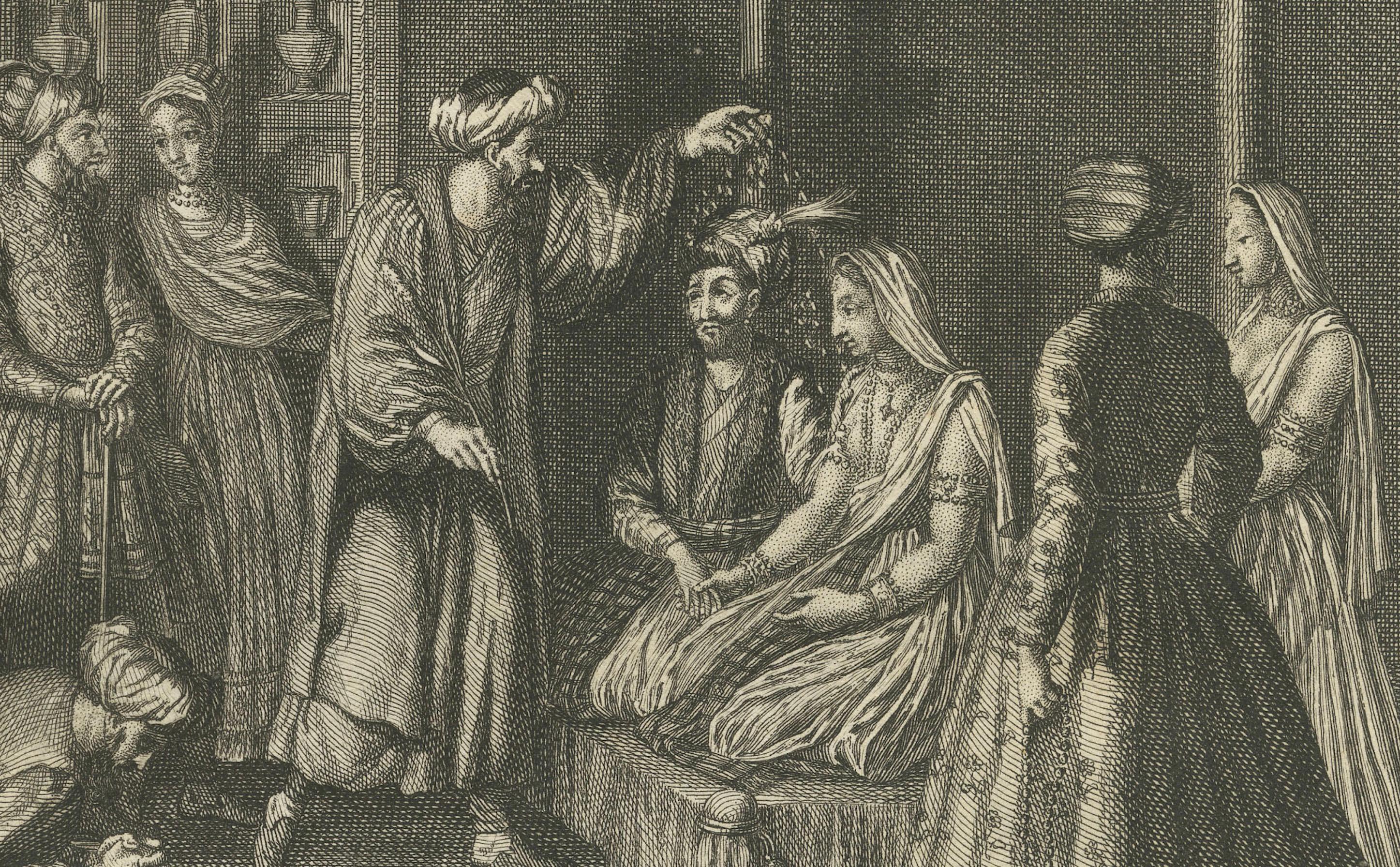 Hochzeit und Feuertaufe der Parsen - Seltener zoroastrischer Ritualstich von 1734 im Angebot 1