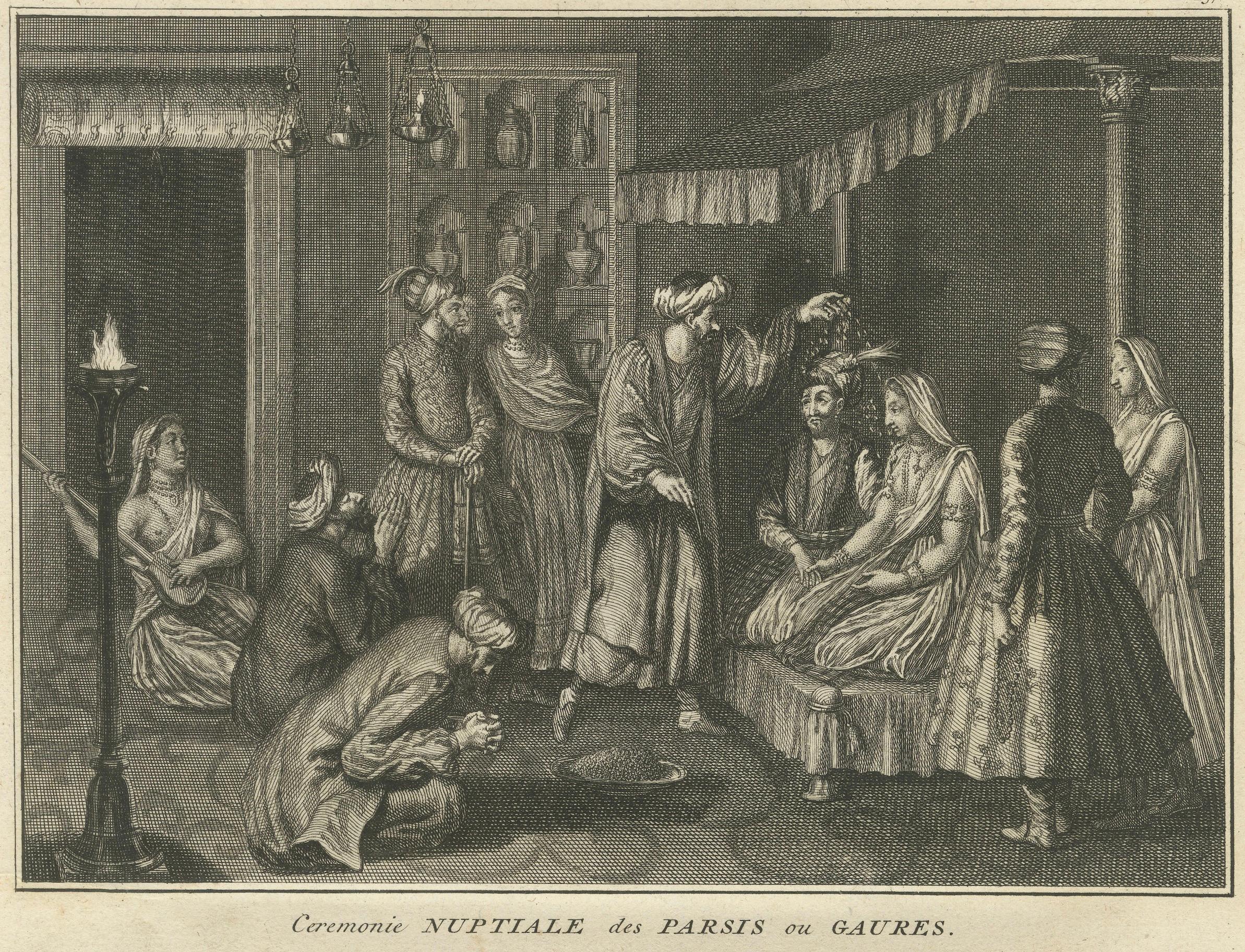 Hochzeit und Feuertaufe der Parsen - Seltener zoroastrischer Ritualstich von 1734 im Angebot 2