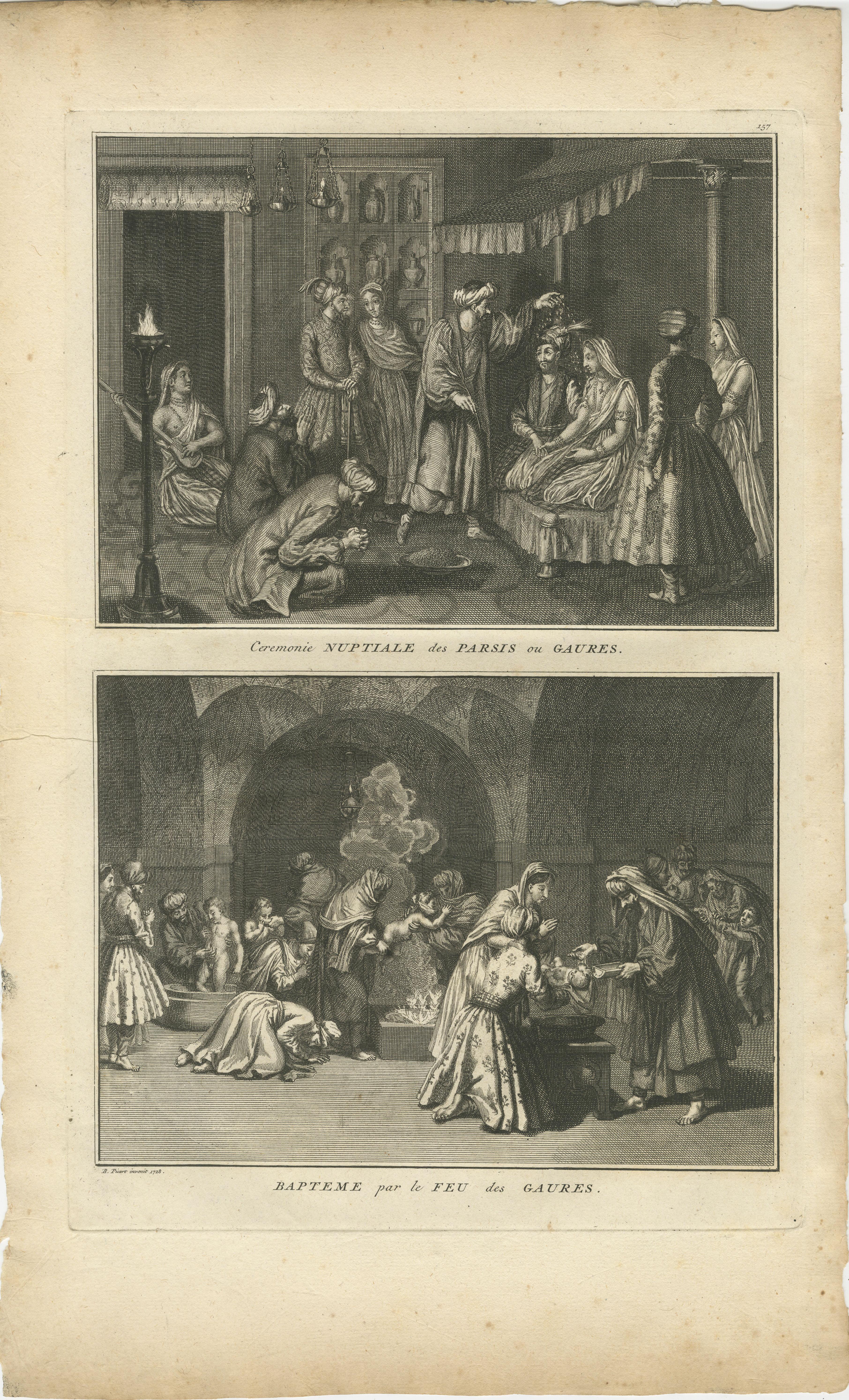 Hochzeit und Feuertaufe der Parsen - Seltener zoroastrischer Ritualstich von 1734 im Angebot 3
