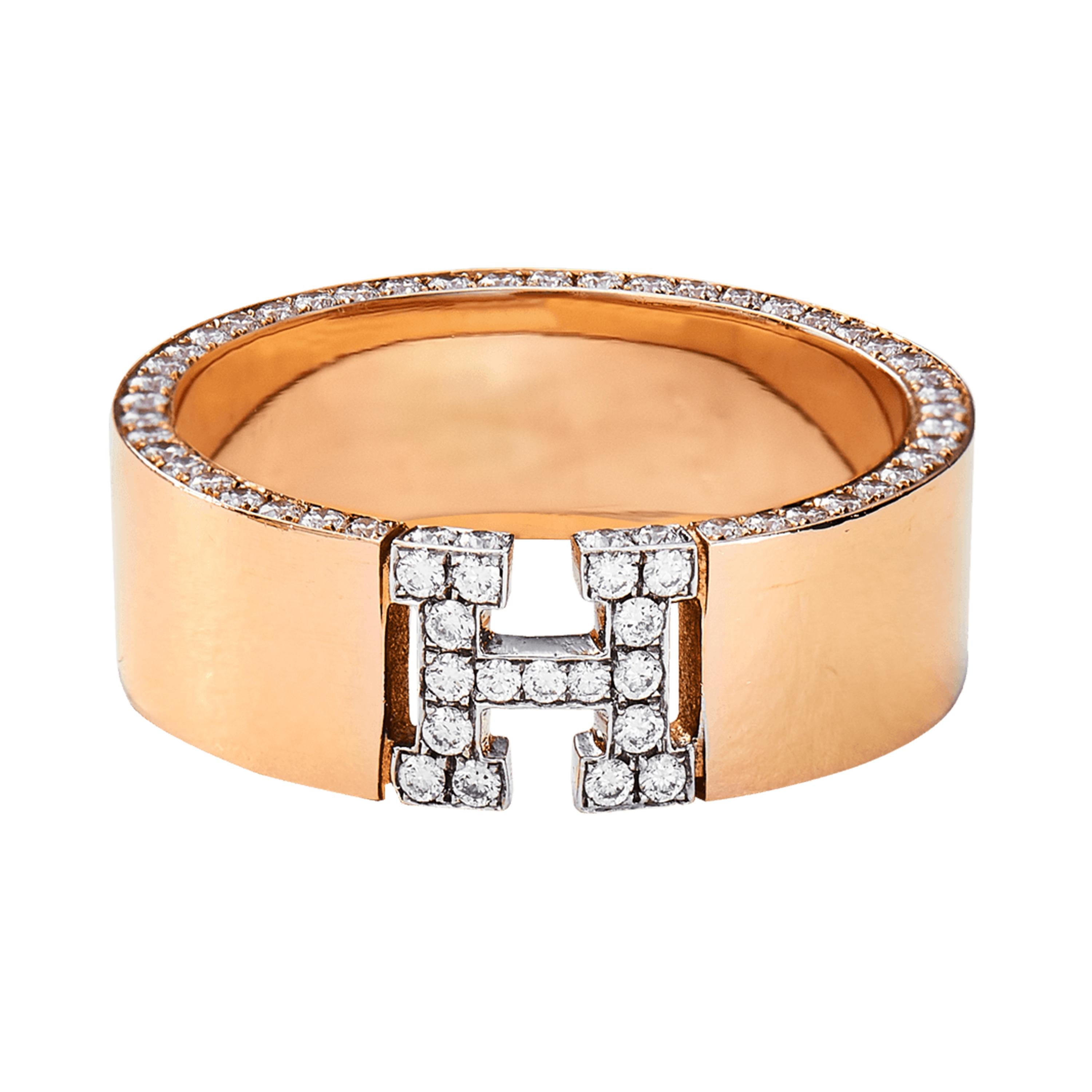 For Sale:  Wedding Band 18 Karat Rose Gold White Diamonds Initial H Ring 2
