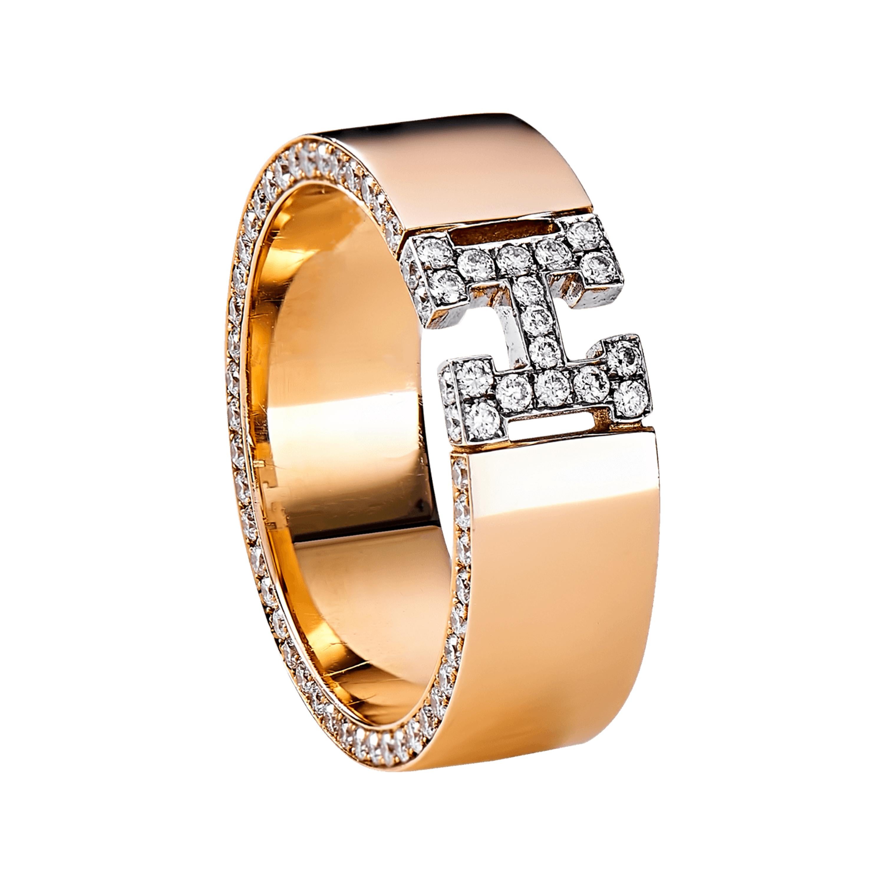 For Sale:  Wedding Band 18 Karat Rose Gold White Diamonds Initial H Ring 3