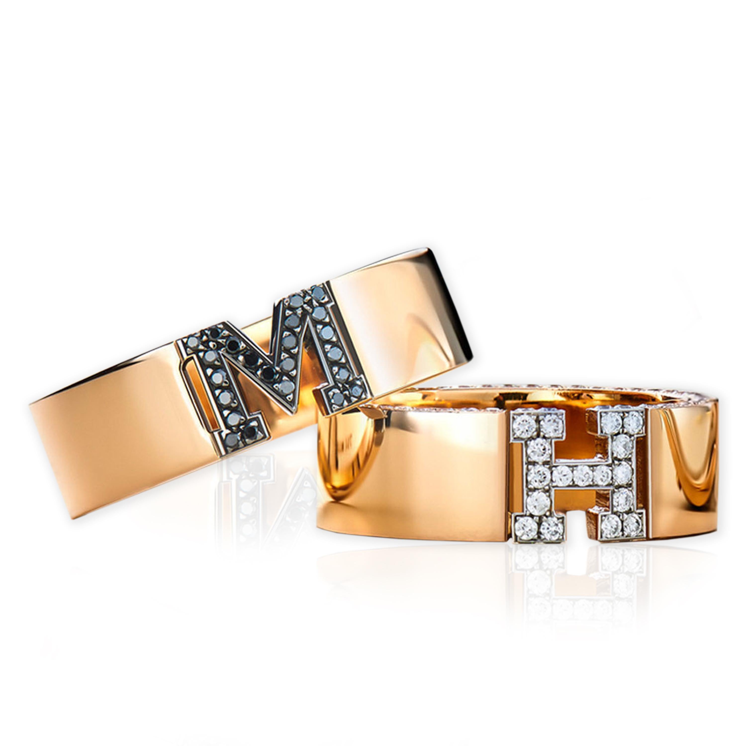 For Sale:  Wedding Band 18 Karat Rose Gold White Diamonds Initial H Ring 4